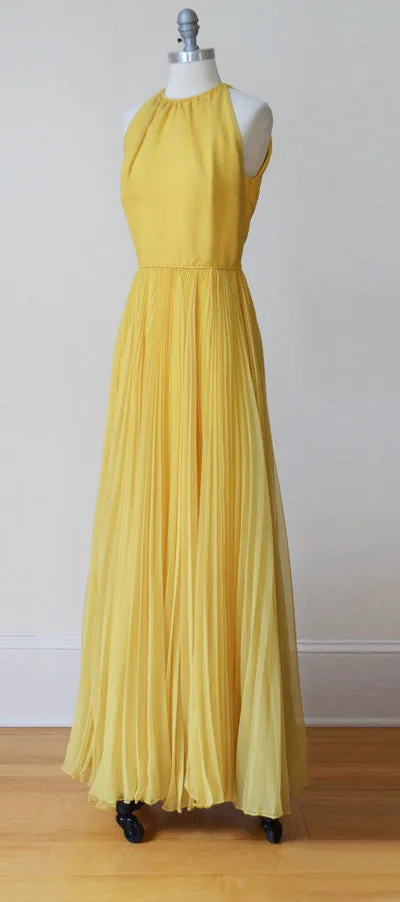 1960s MOD Pleated Marigold Chiffon Maxi Dress and Cape by Miss Bergdorf