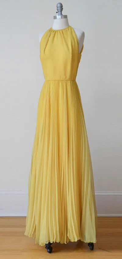 1960s MOD Pleated Marigold Chiffon Maxi Dress and Cape by Miss Bergdorf