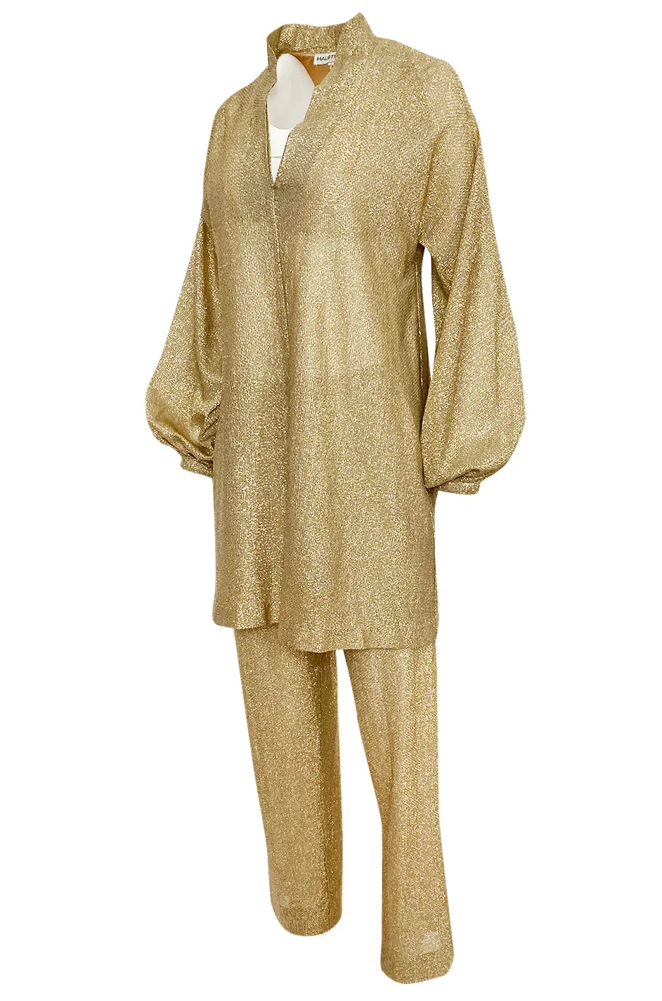 1970s Halston Bright Gold Metallic Lame Lurex Top & Pant Set