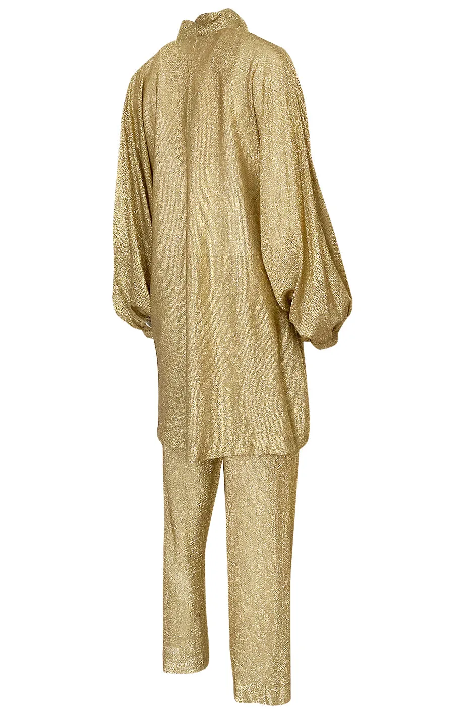 1970s Halston Bright Gold Metallic Lame Lurex Top & Pant Set