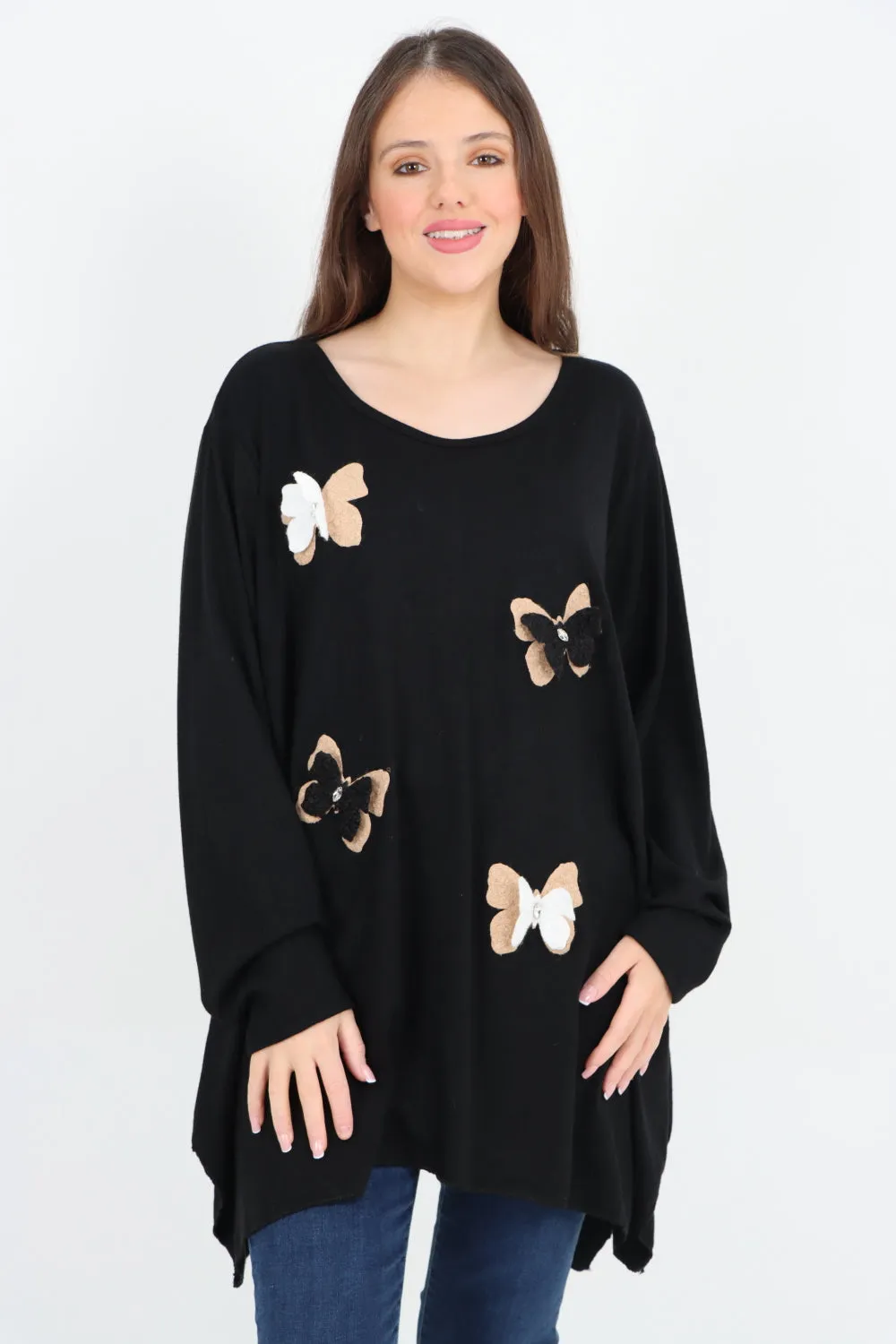 3D Butterfly Print Soft Knit Tunic Top