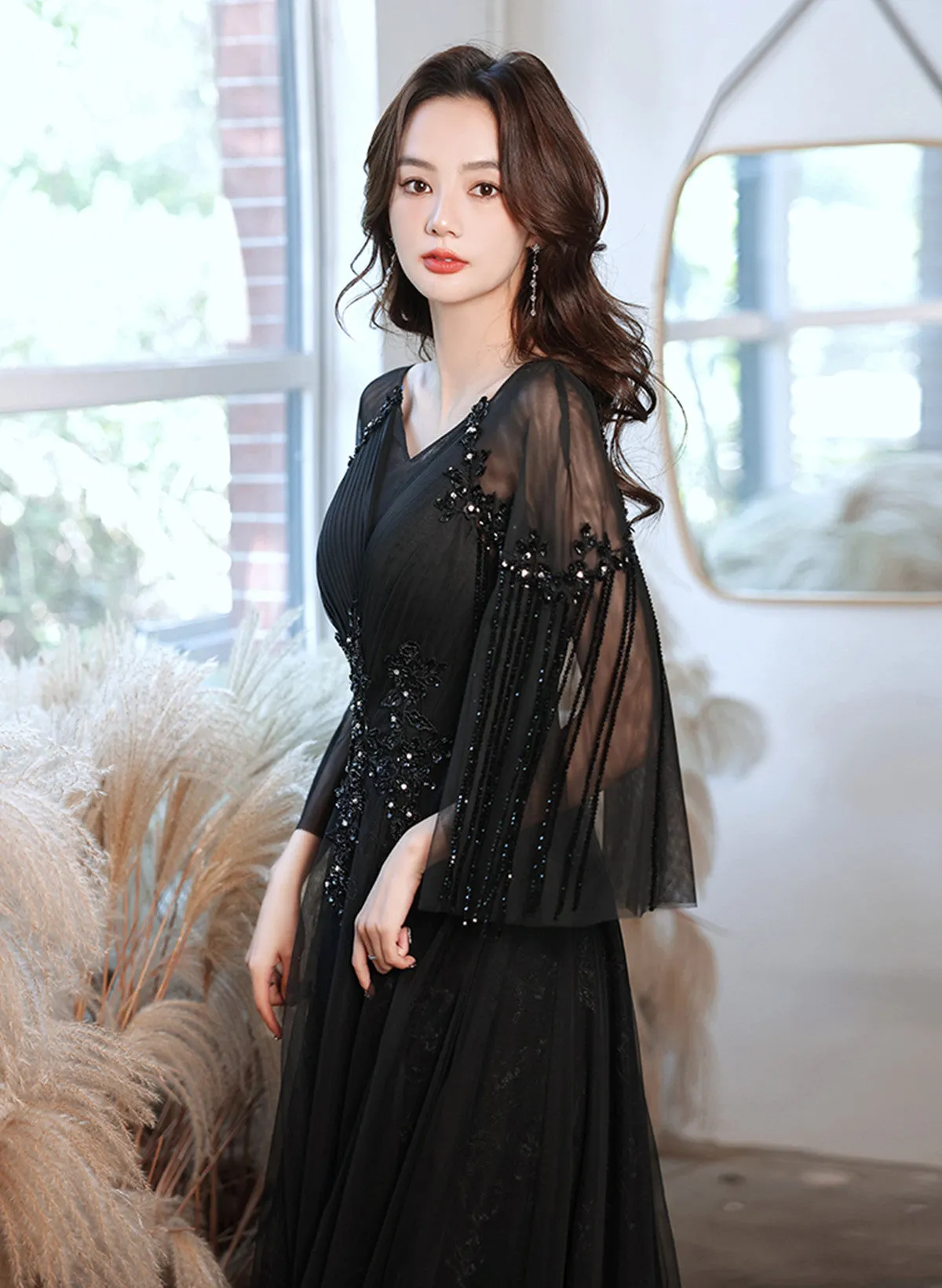 A-line Black Tulle Beaded Long Formal Dress, Black Tulle Prom Dress Evening Dress