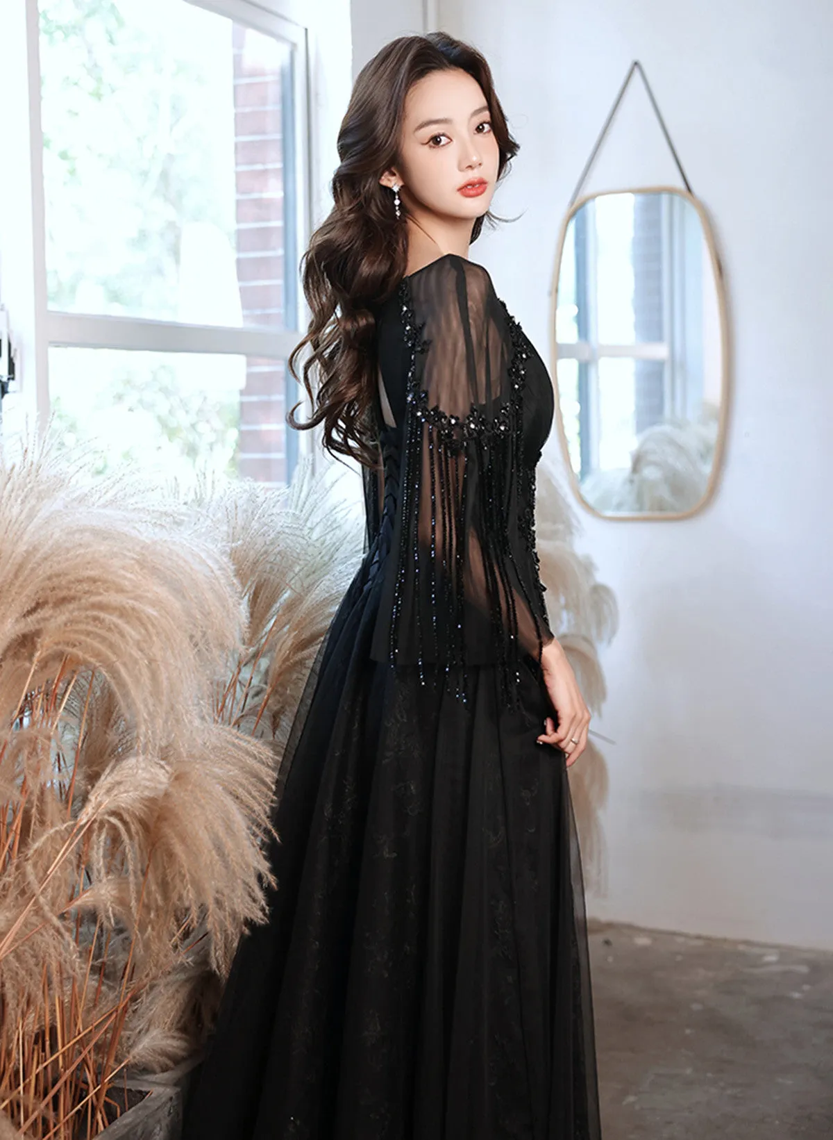 A-line Black Tulle Beaded Long Formal Dress, Black Tulle Prom Dress Evening Dress