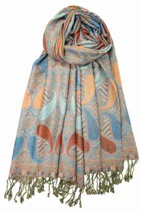 Achillea Orange Teal Multi Color Paisley Pashmina