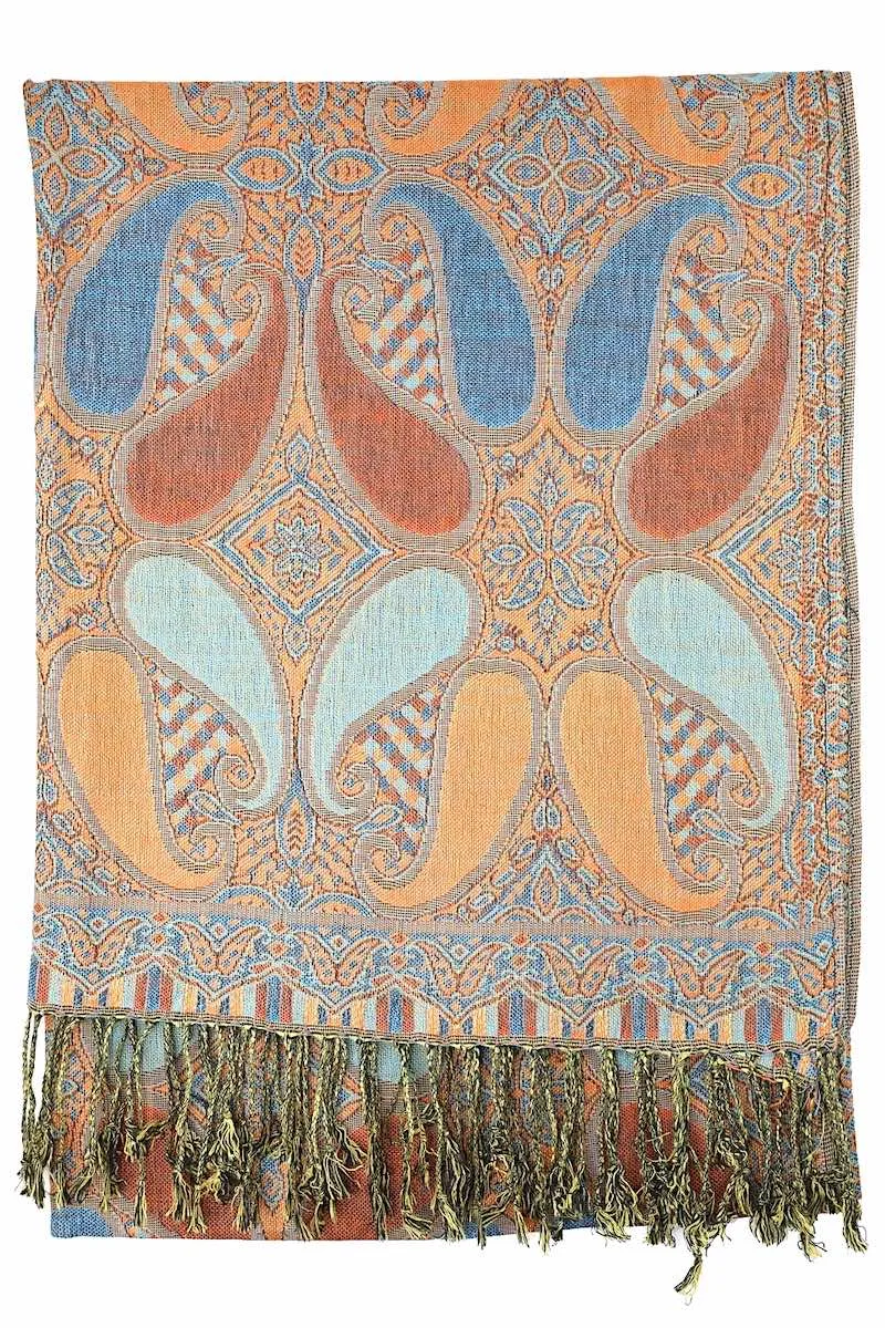 Achillea Orange Teal Multi Color Paisley Pashmina