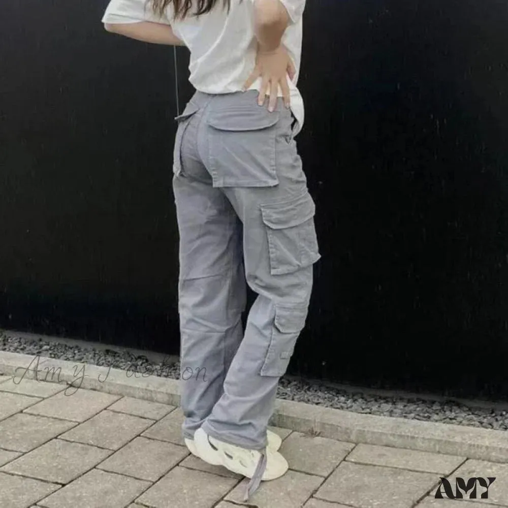 Amy Fashion - Streetwear Pockets Wide Leg High Waist Straight  Trousers