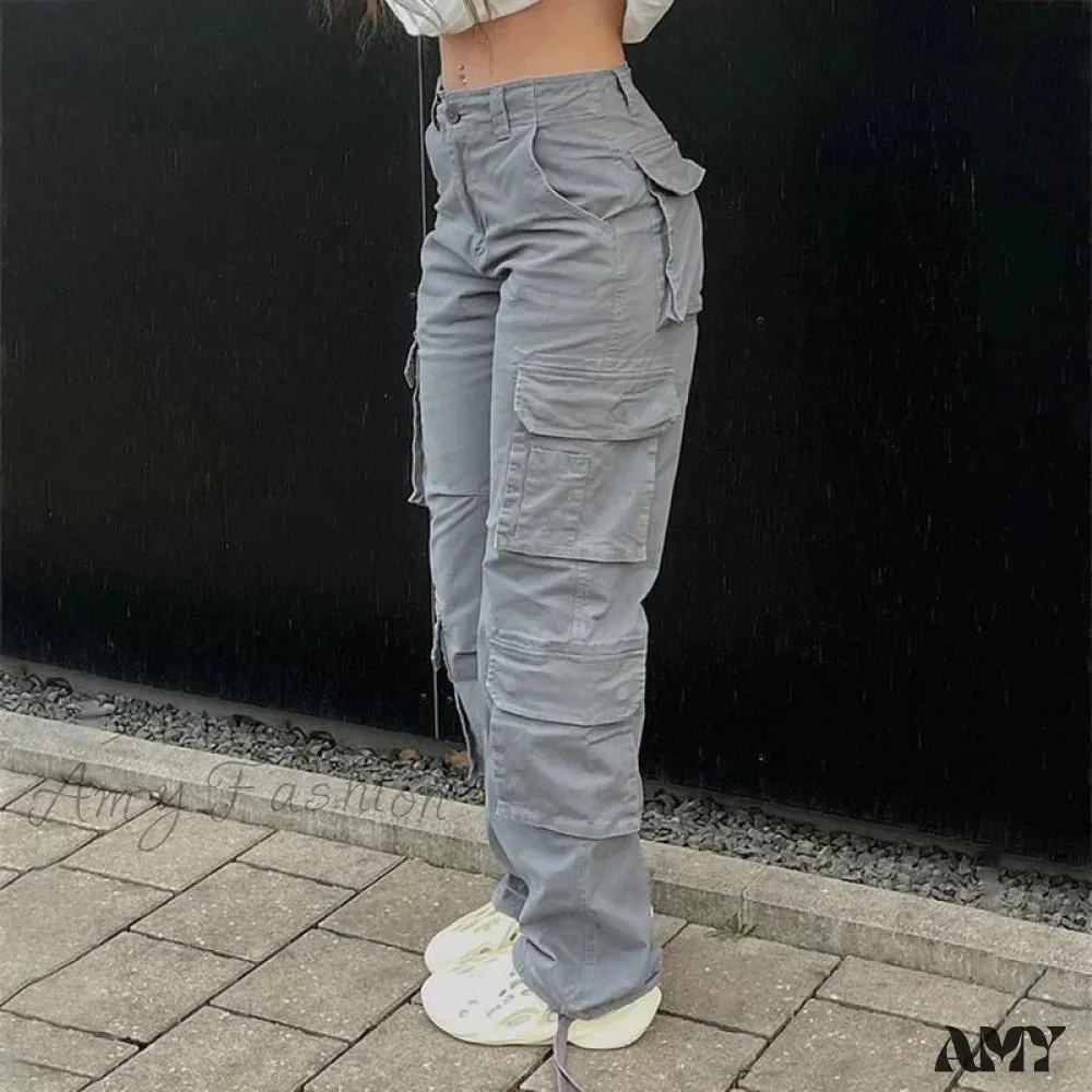 Amy Fashion - Streetwear Pockets Wide Leg High Waist Straight  Trousers