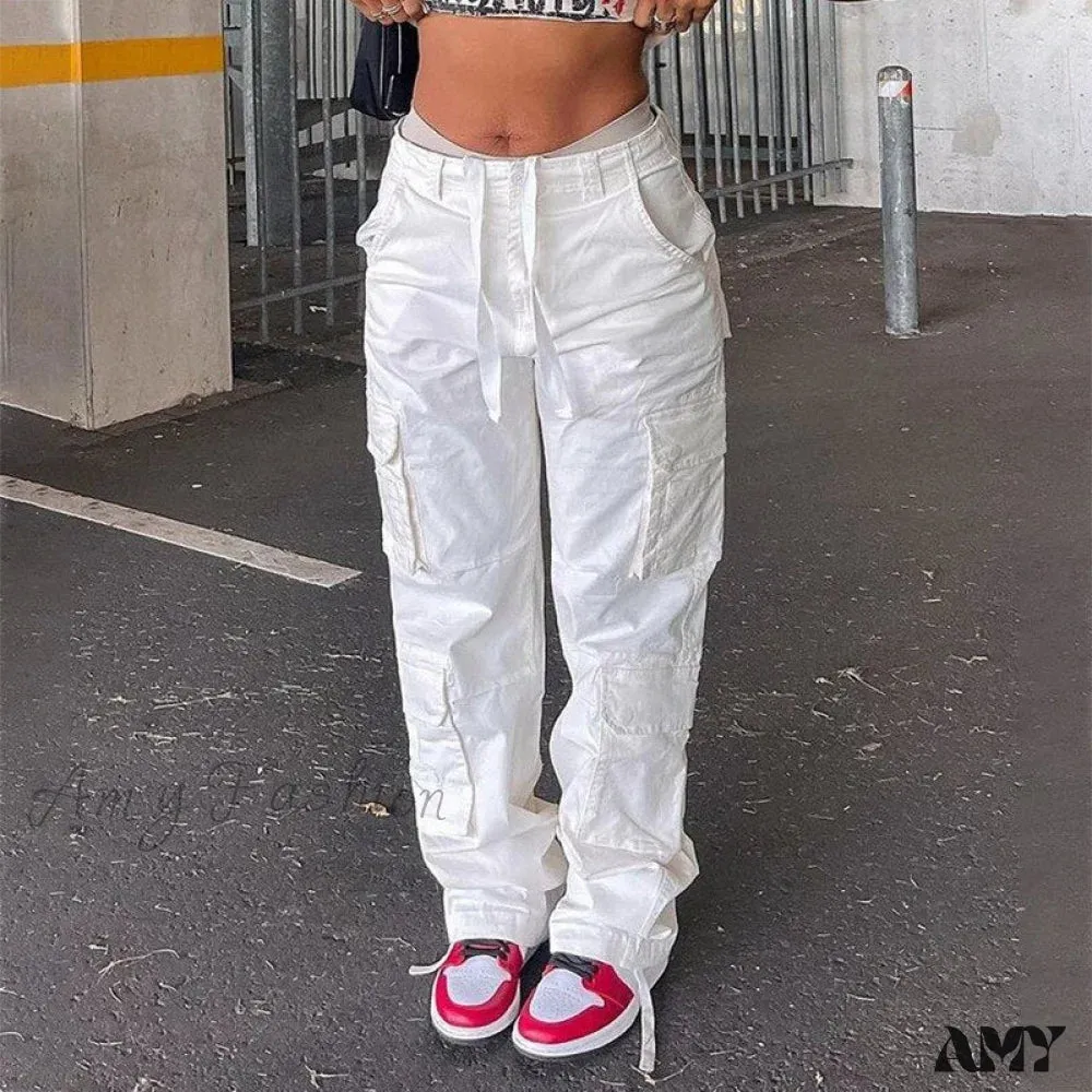 Amy Fashion - Streetwear Pockets Wide Leg High Waist Straight  Trousers