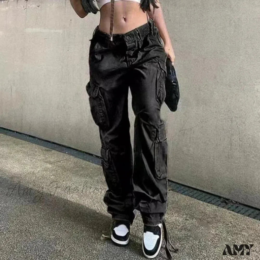 Amy Fashion - Streetwear Pockets Wide Leg High Waist Straight  Trousers