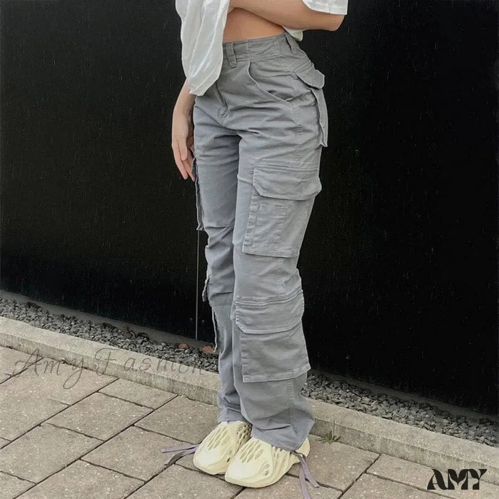 Amy Fashion - Streetwear Pockets Wide Leg High Waist Straight  Trousers