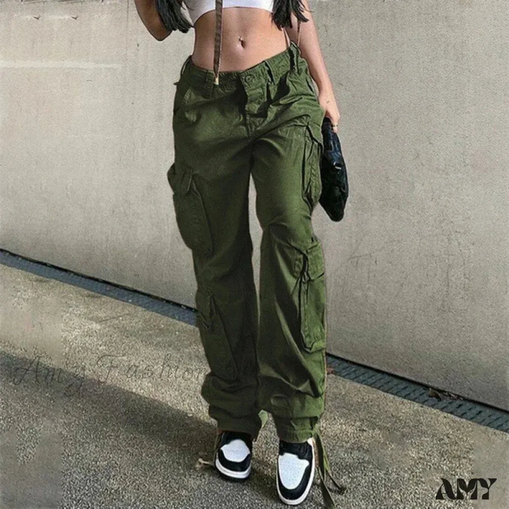 Amy Fashion - Streetwear Pockets Wide Leg High Waist Straight  Trousers