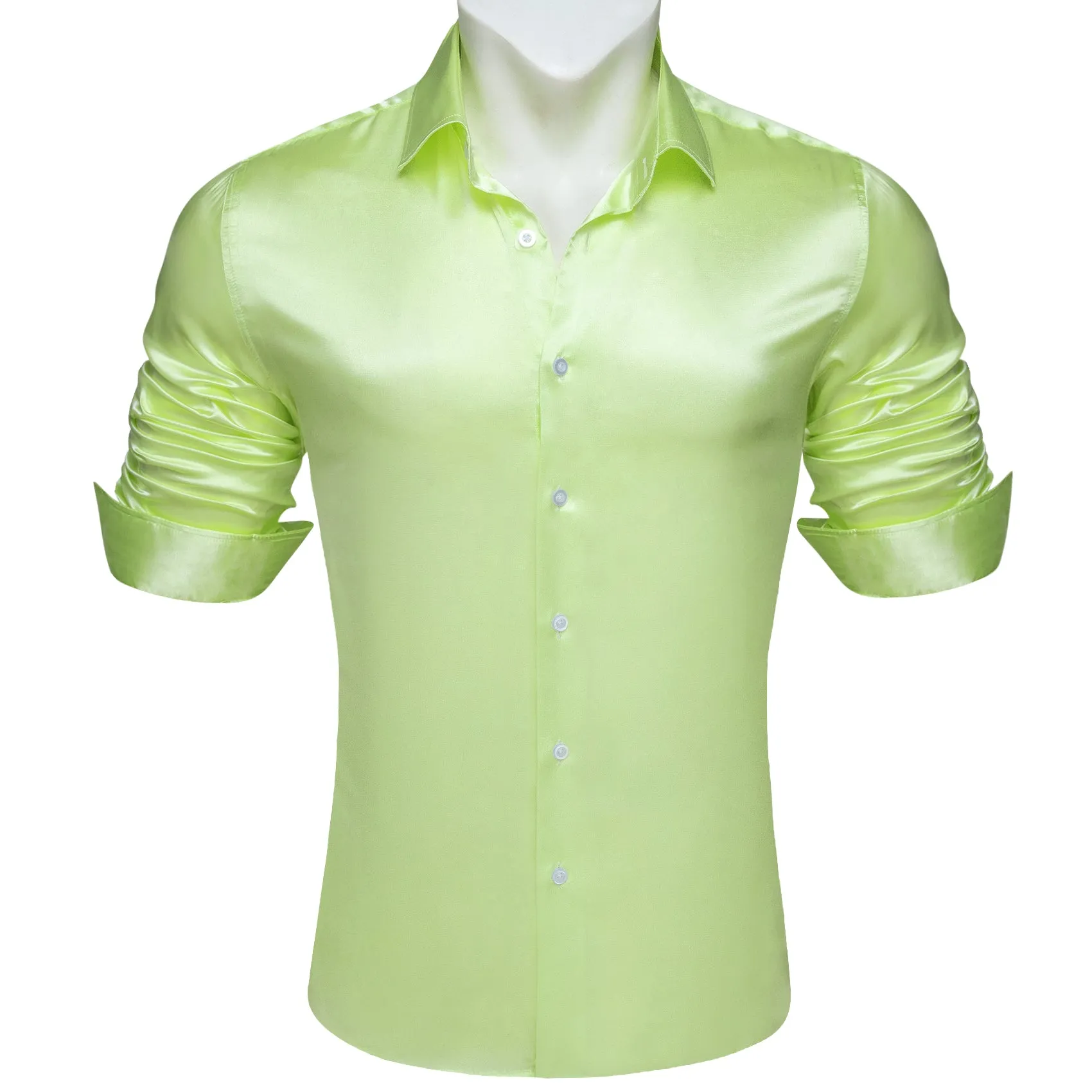 Apple Green Satin Solid Silk Men's Long Sleeve Shirt