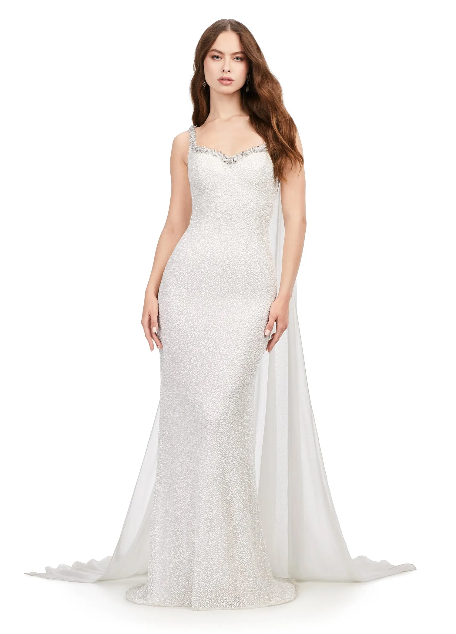 Ashley Lauren 11398 Vermicelli Beaded Gown with Chiffon Cape Crystal Detail Sweetheart Neckline Dress