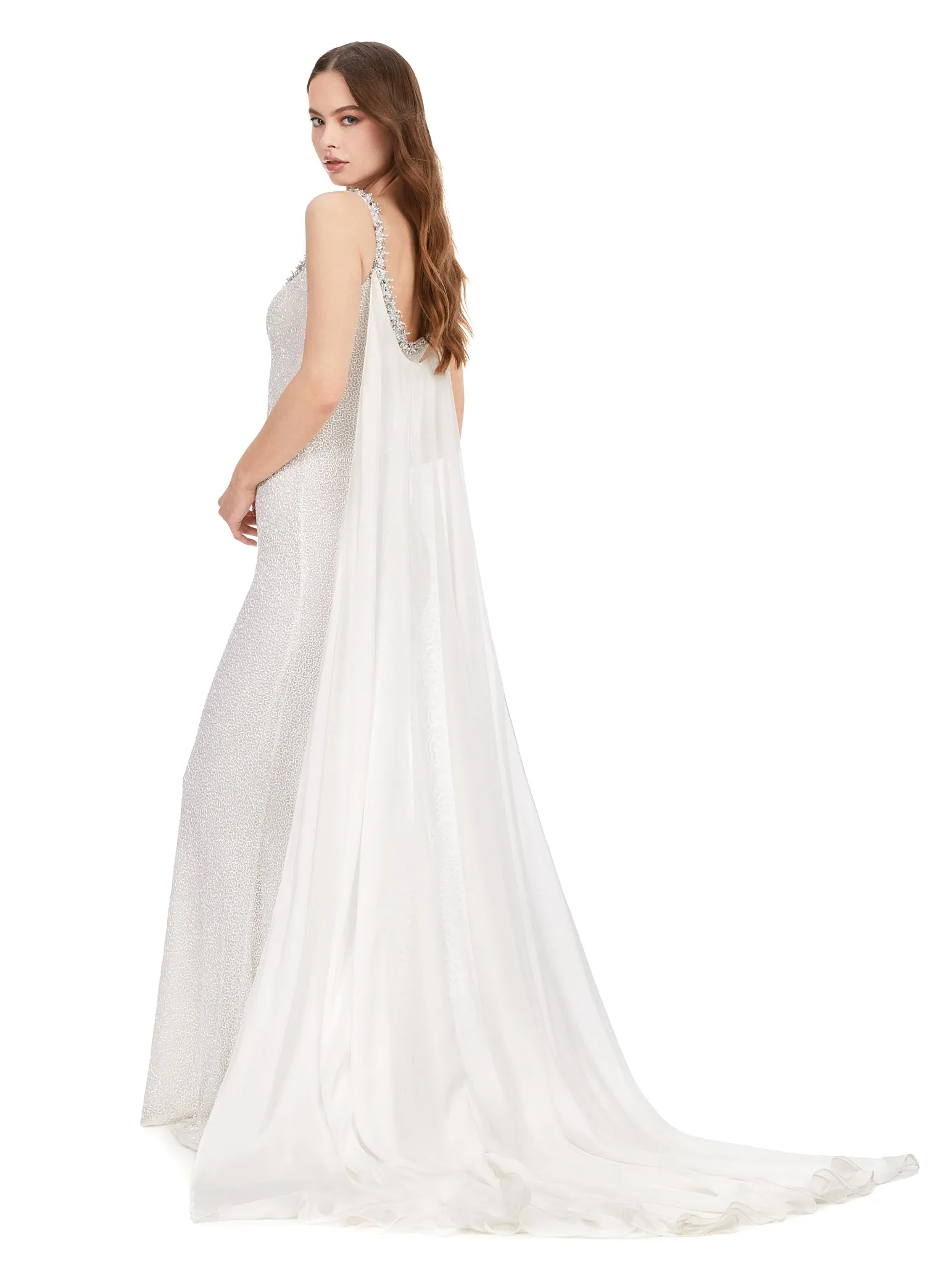 Ashley Lauren 11398 Vermicelli Beaded Gown with Chiffon Cape Crystal Detail Sweetheart Neckline Dress