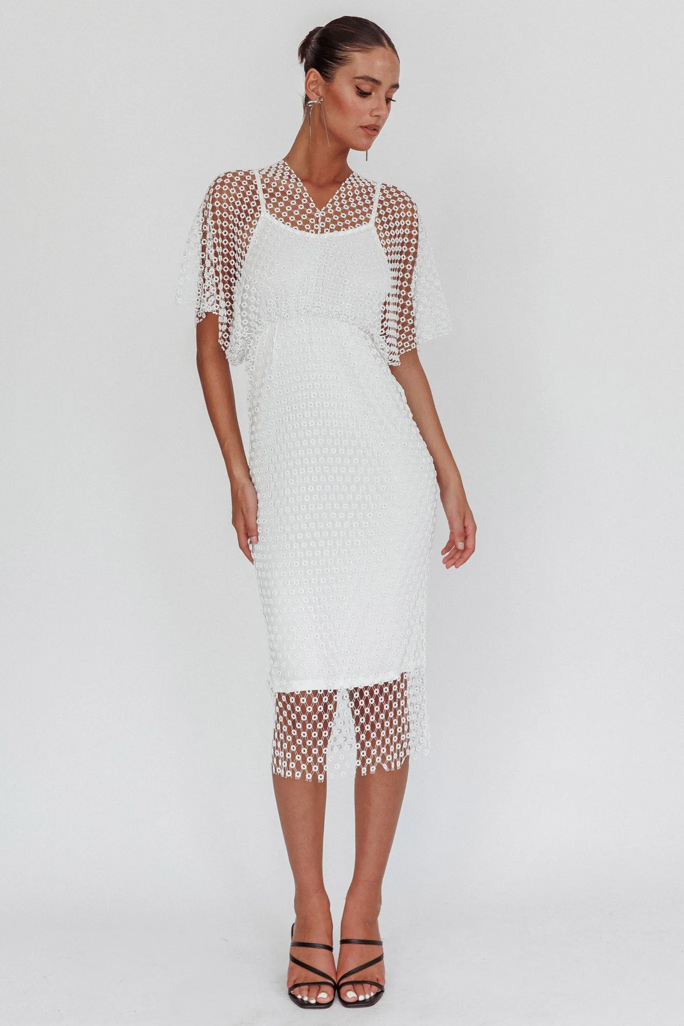 Astra Diamante Fishnet Midi Dress White