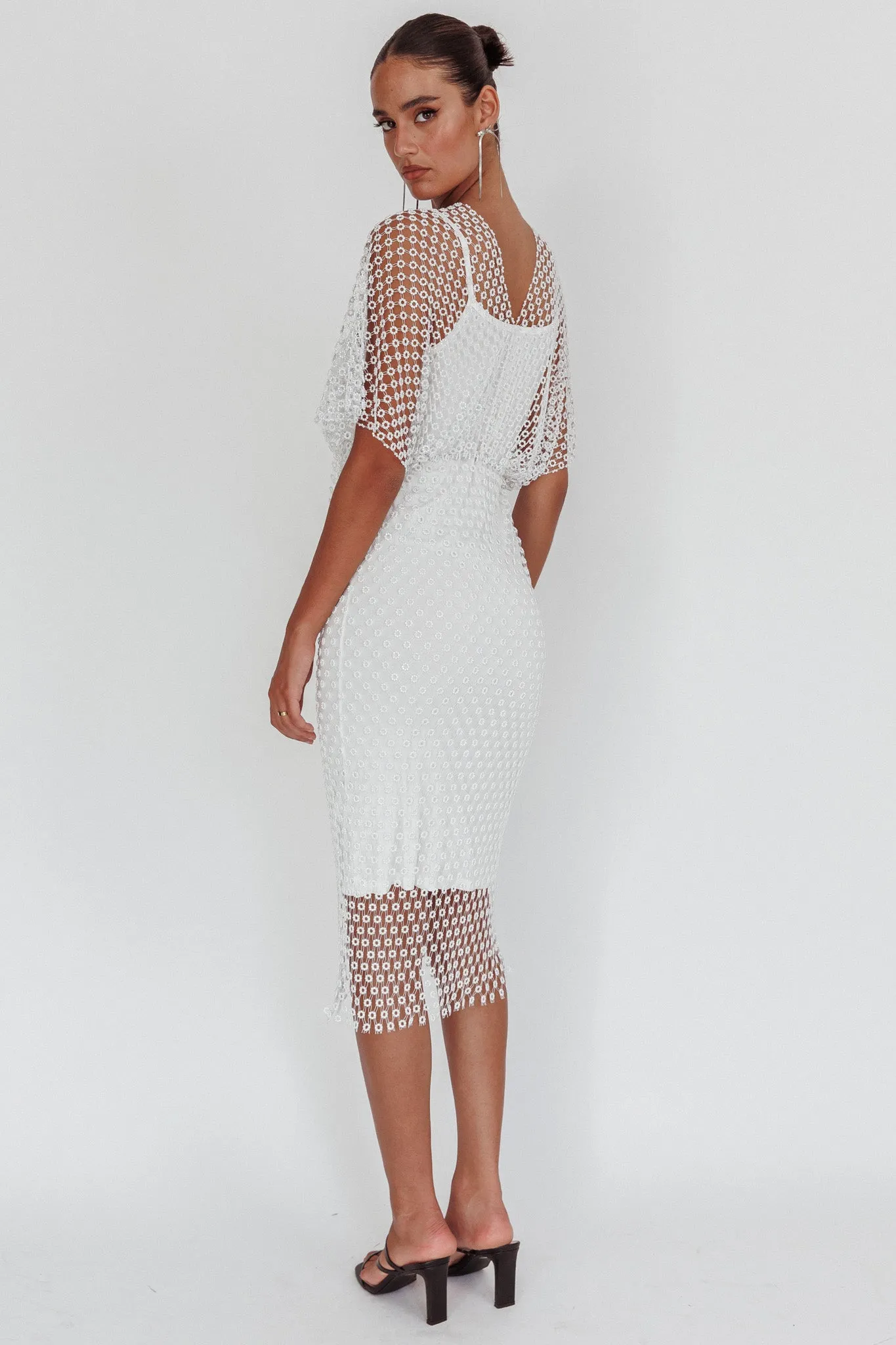 Astra Diamante Fishnet Midi Dress White