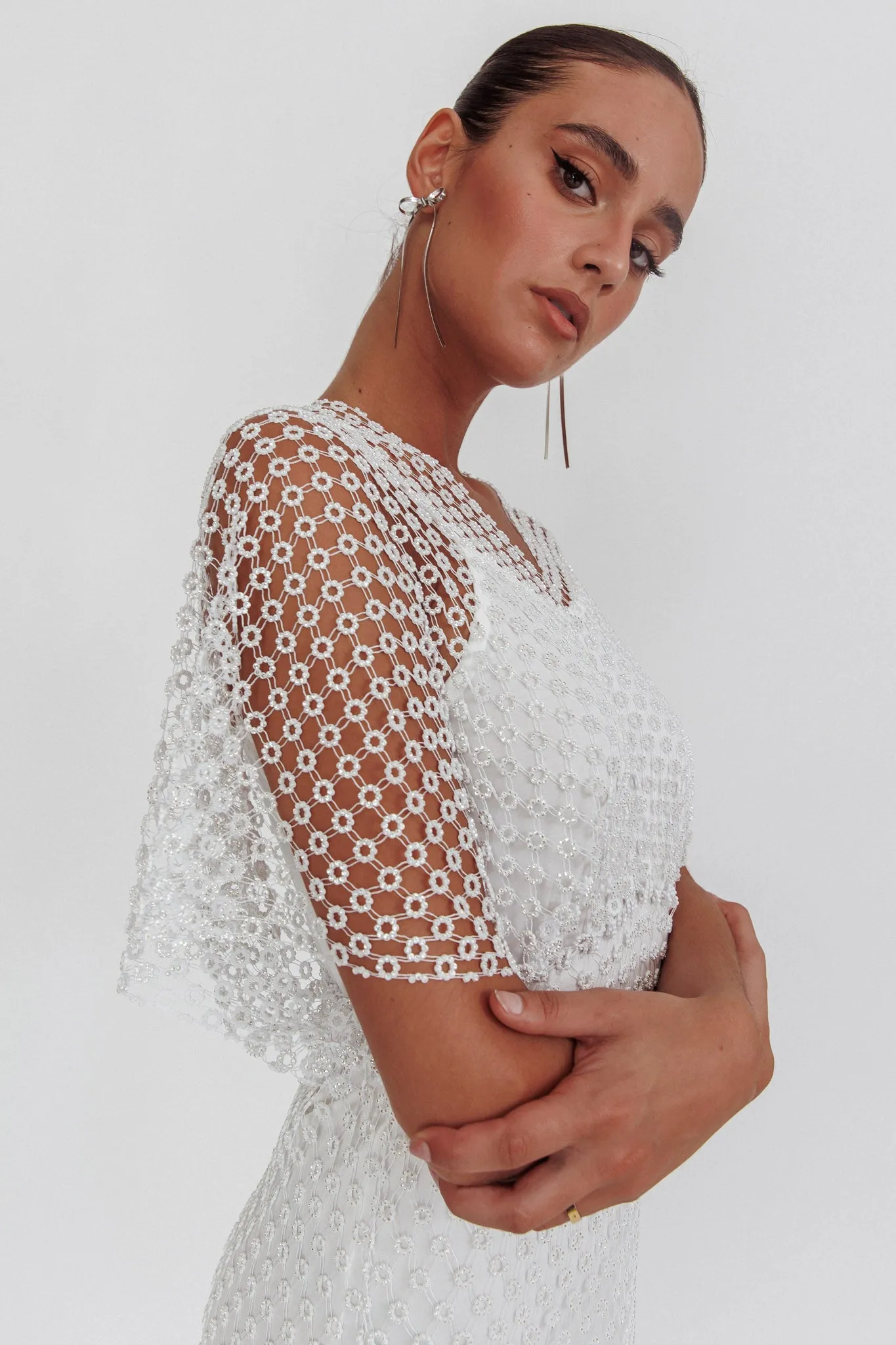 Astra Diamante Fishnet Midi Dress White