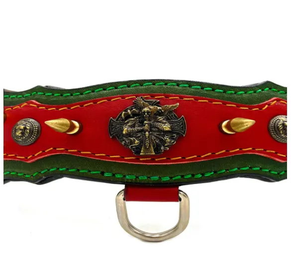 Athena Spiked Leather Dog Collar - Red-Dark Green