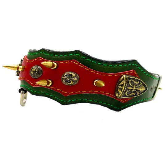 Athena Spiked Leather Dog Collar - Red-Dark Green