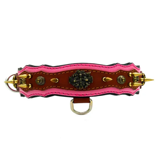 Athena Spiked Leather Dog Collar - Red-Dark Green