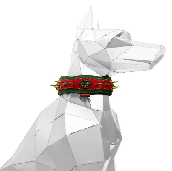 Athena Spiked Leather Dog Collar - Red-Dark Green