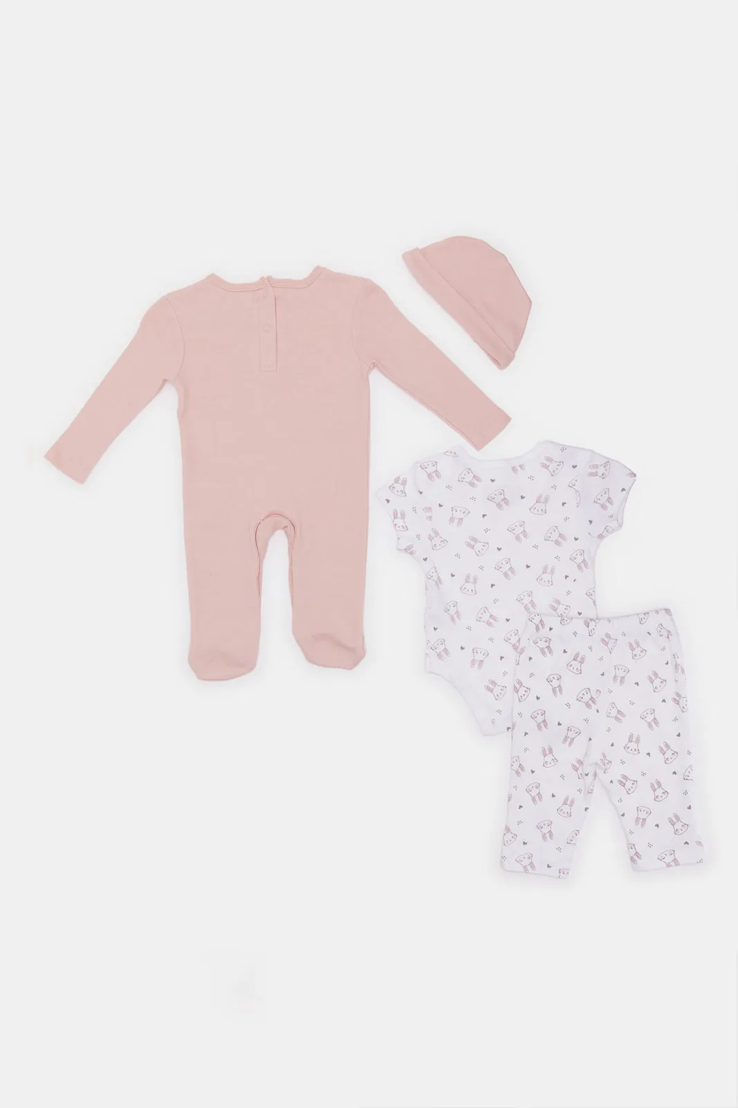 Babies Pink And White Bunny Print Gift Set (4 Piece)