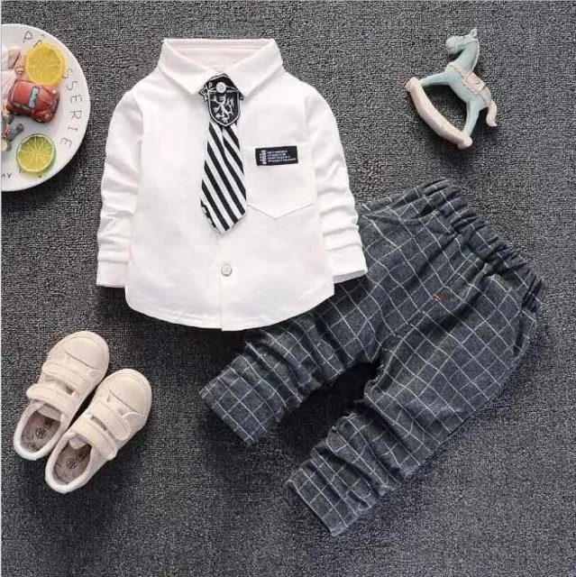 Baby and Toddler Cotton Set Outfit - Plaid Pants and Tie