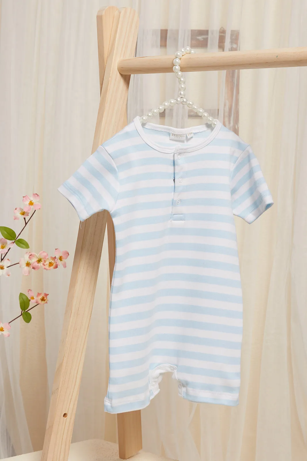 Baby Blue And White Printed Bodysuit Set (Pack Of 2)