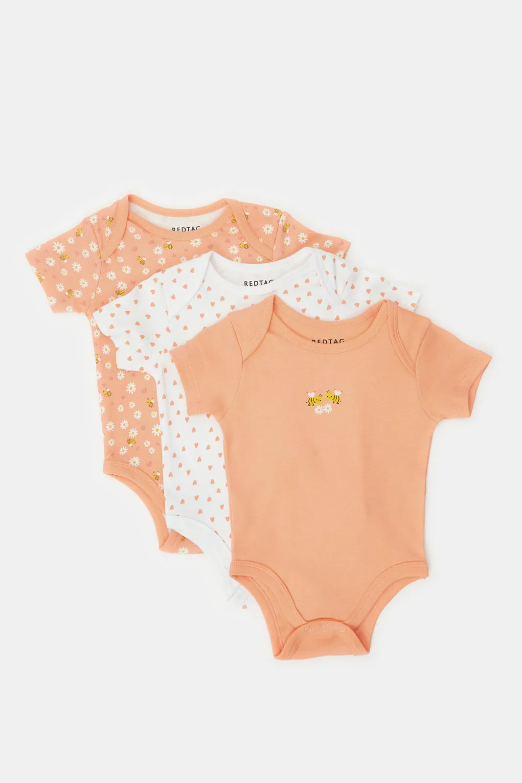 Baby Orange And White Printed Bodysuit Set (Pack Of 3)