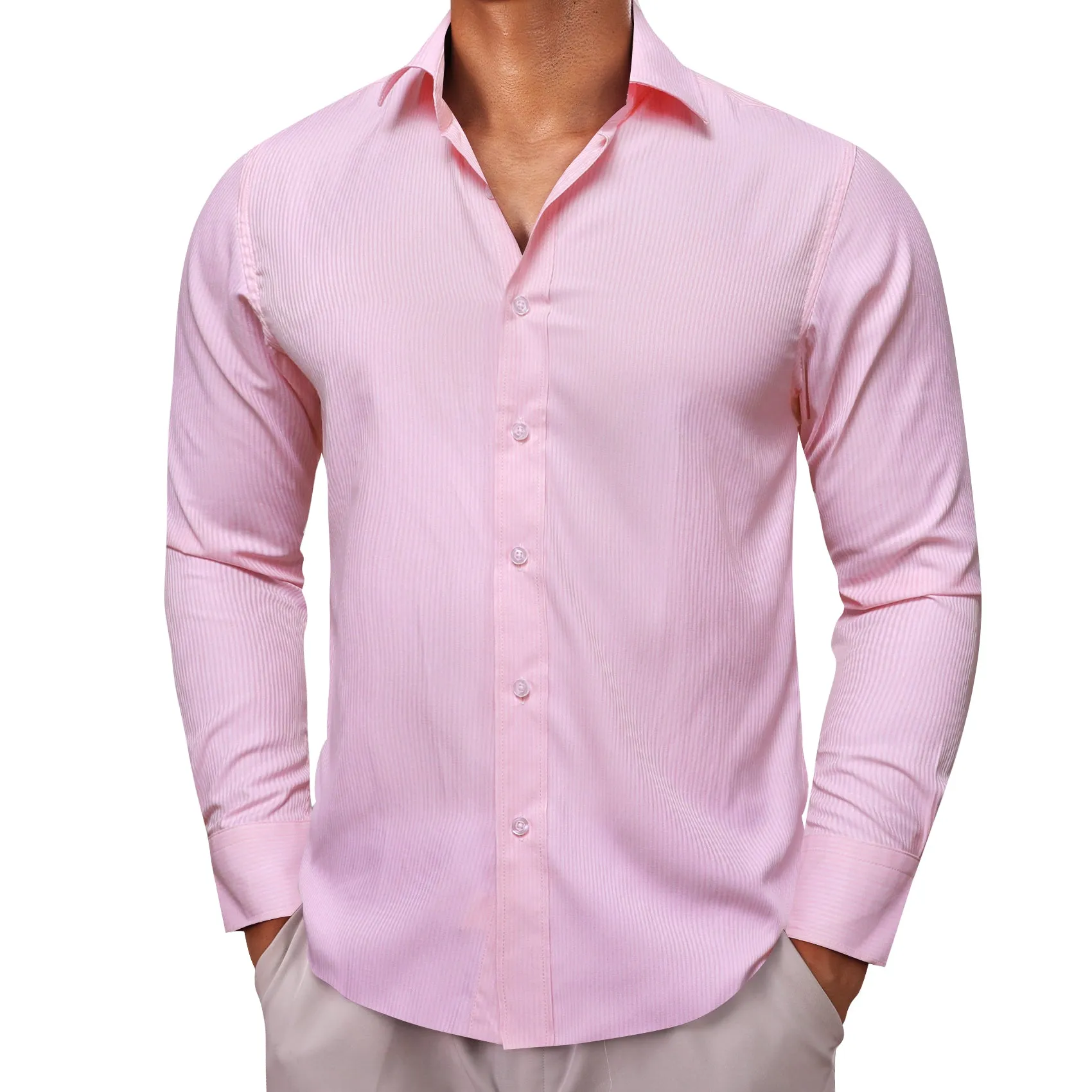 Baby Pink Solid Men's Long Sleeve Work Shirt