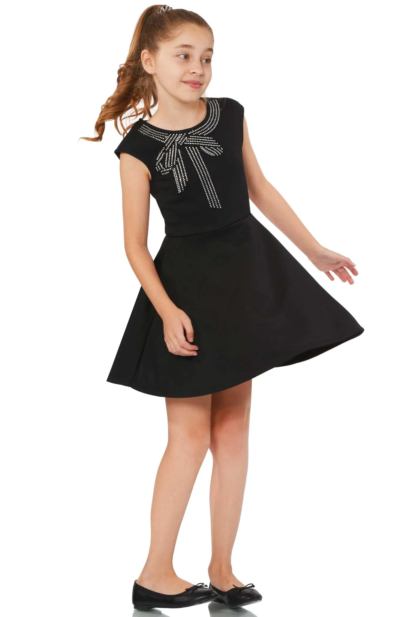 Big Girls Rhinestone Bow Fit and Flare Skater Dress