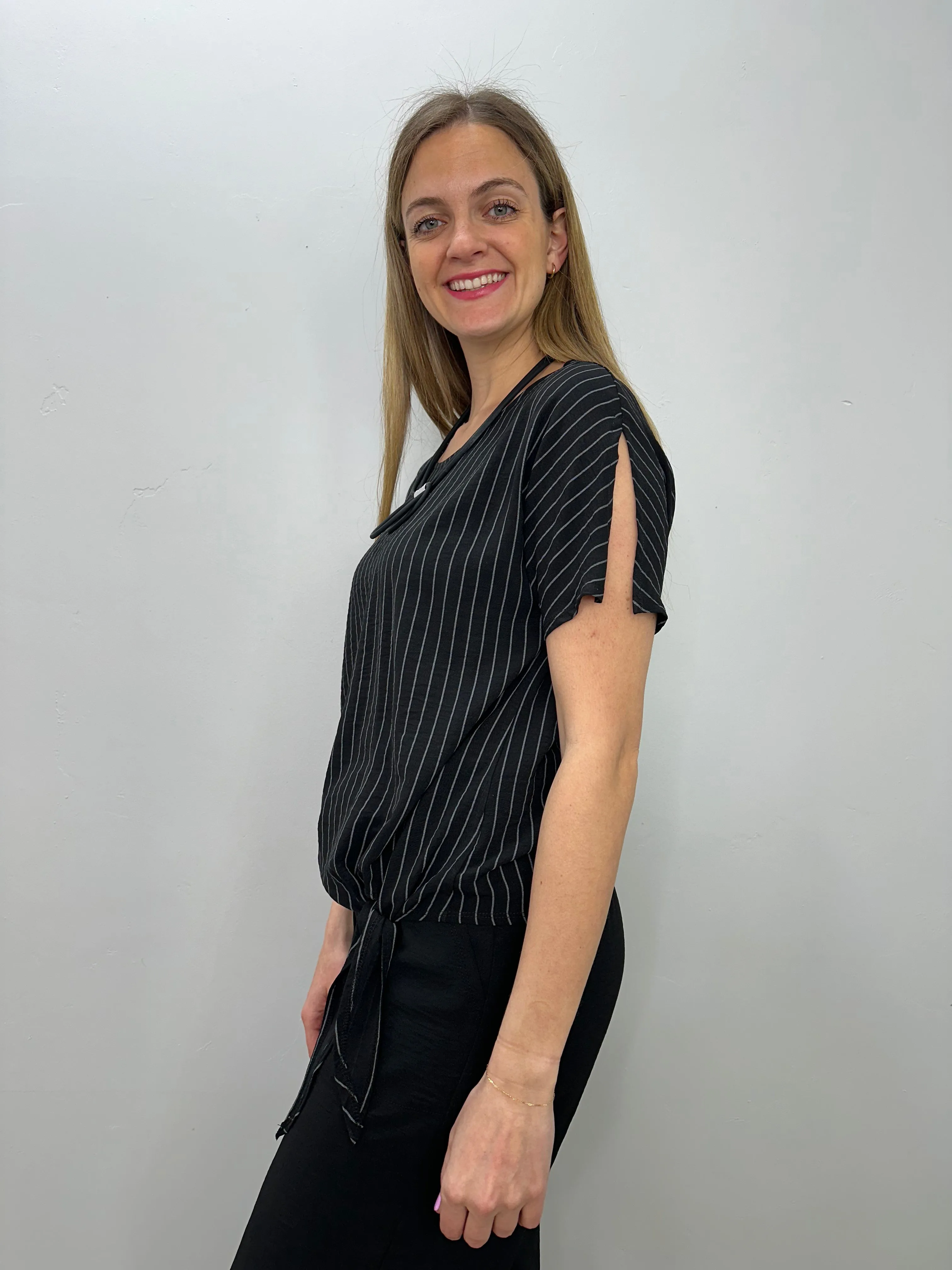 Black and Ivory Stripe Short Sleeve Top