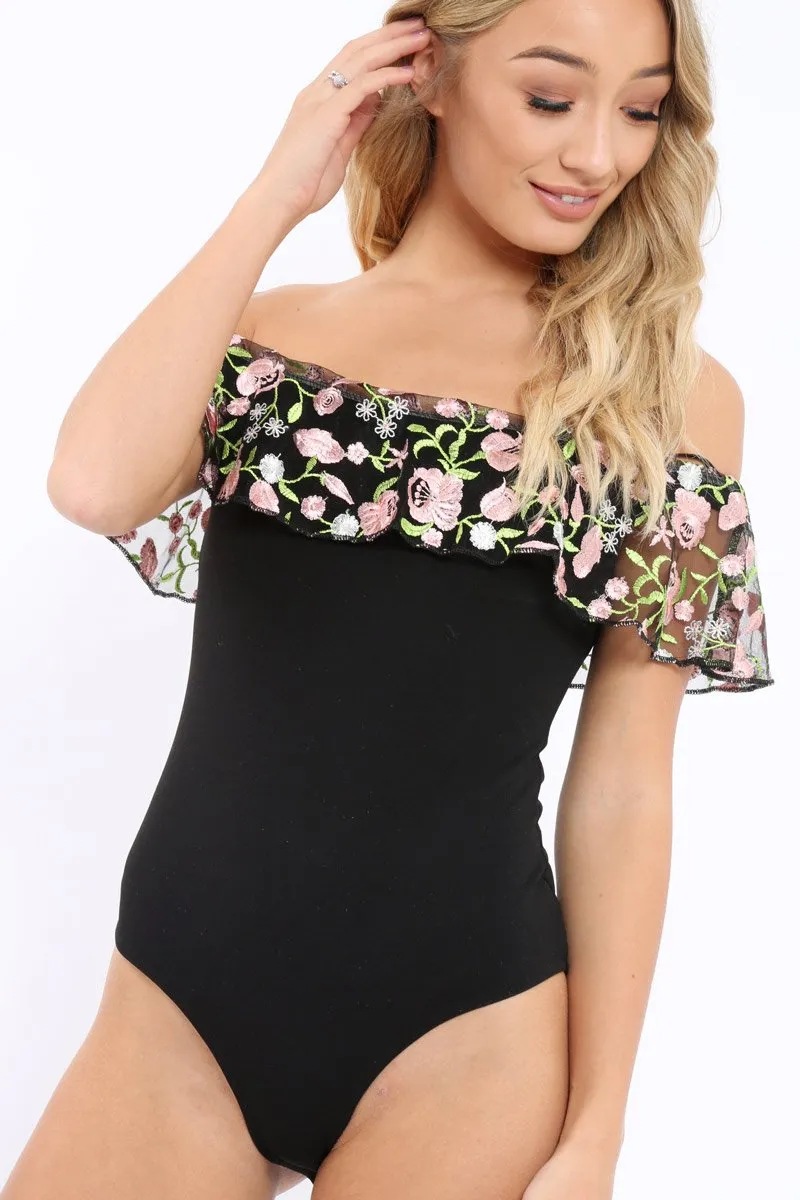 Black Embroidered Bardot Bodysuit - Diya