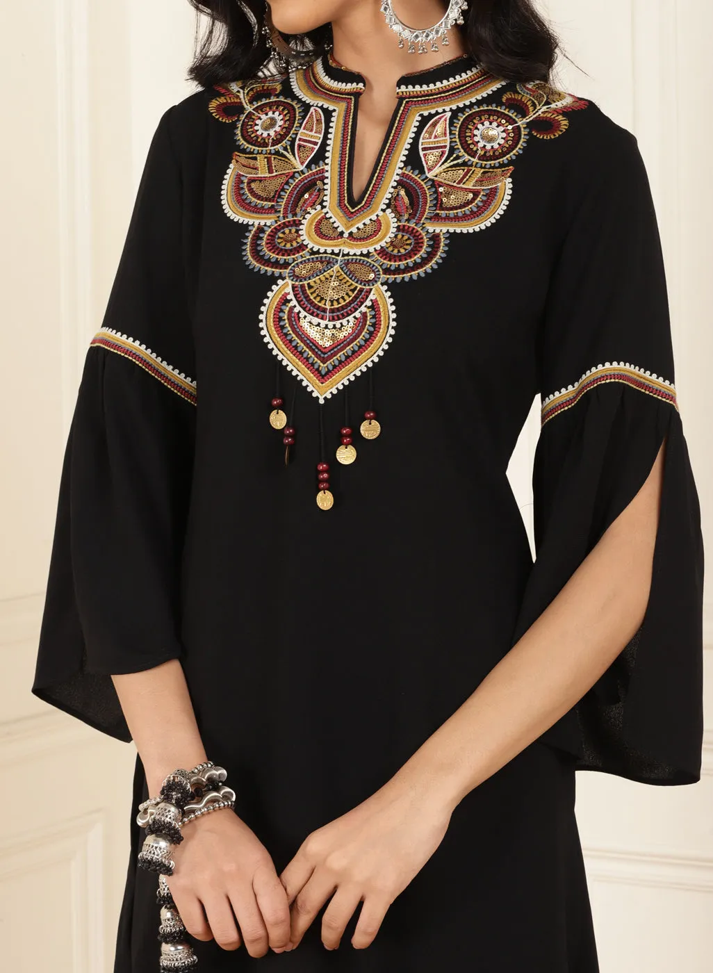 Black Embroidered Georgette Tunic for Women