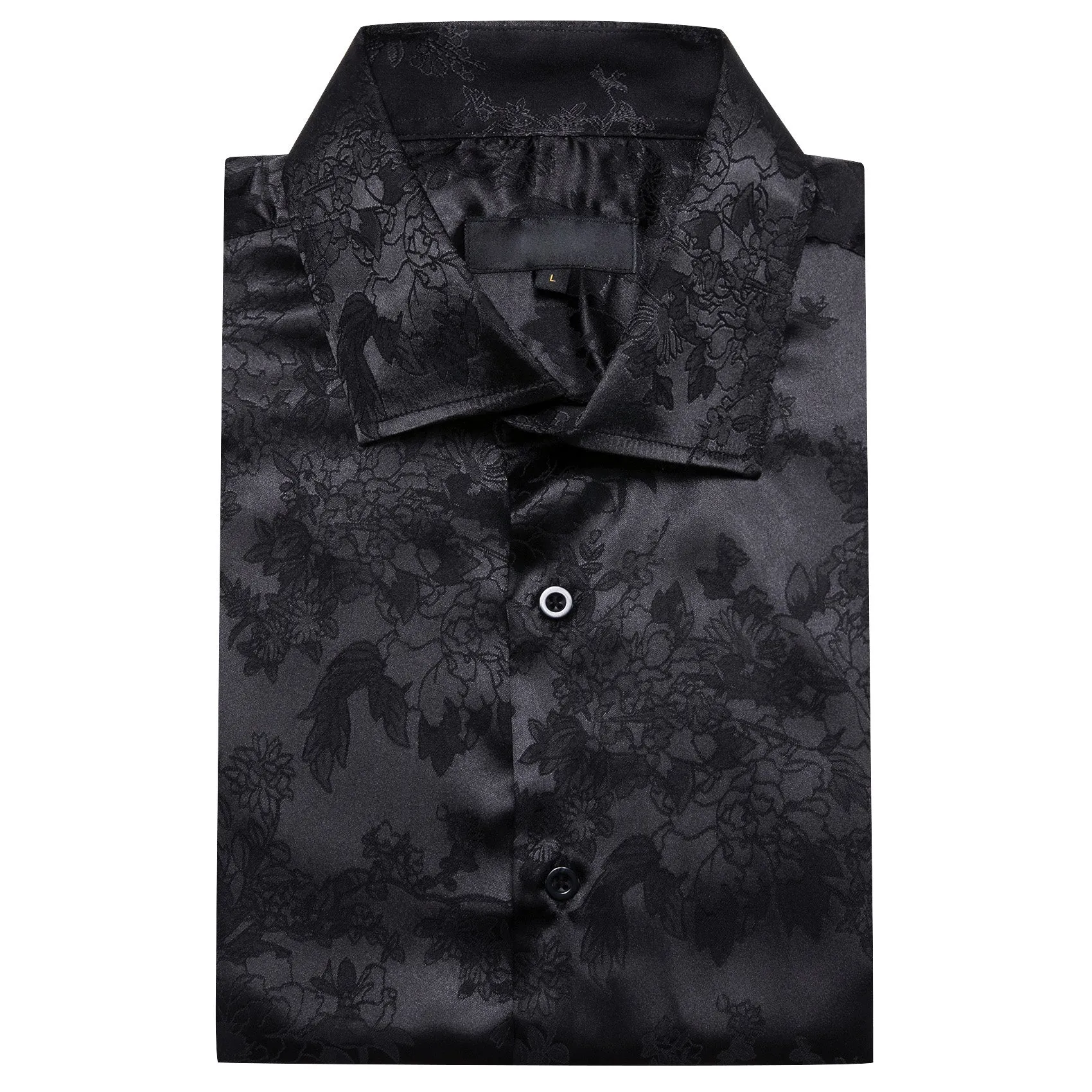 Black Floral Satin Silk Men's Long Sleeve Shirt