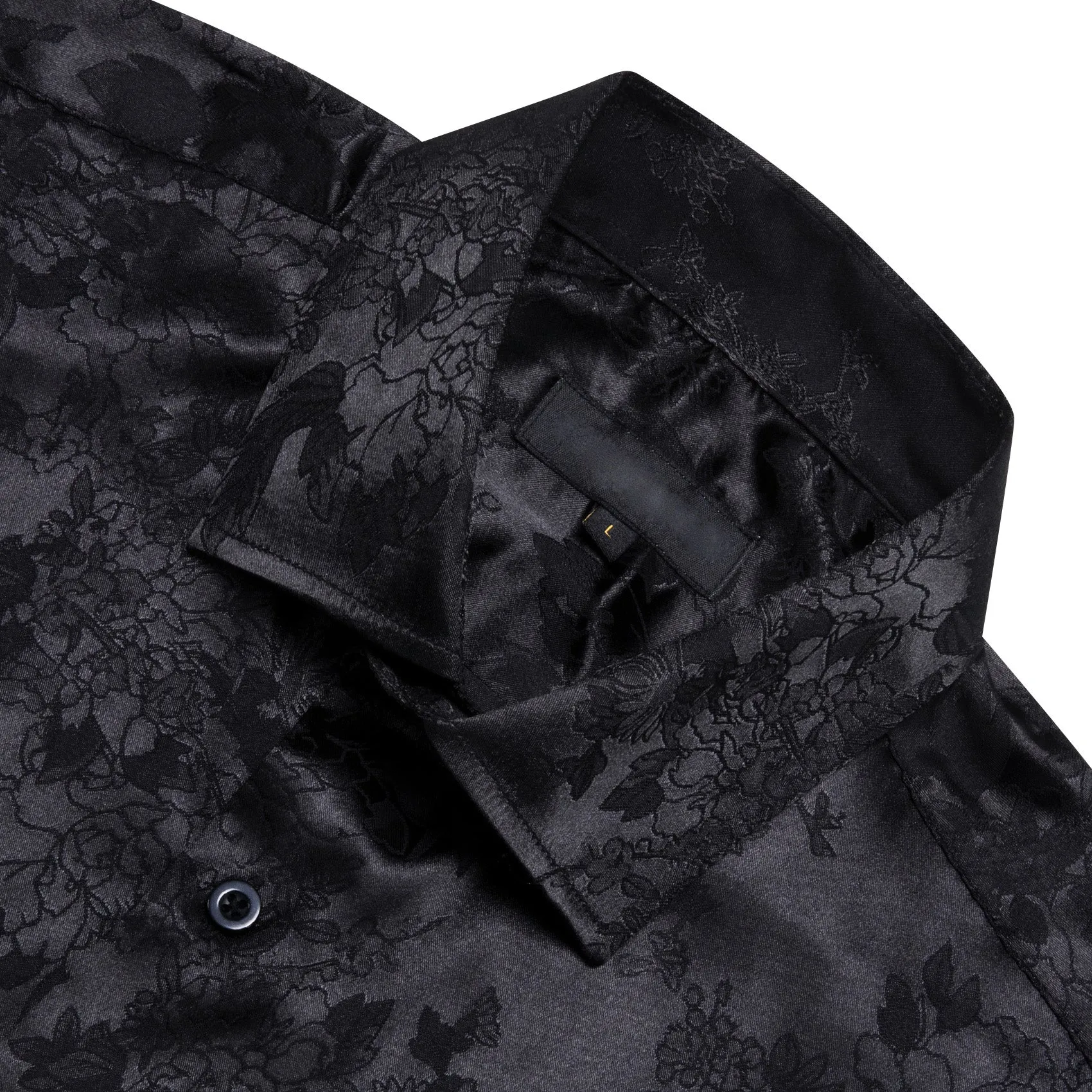 Black Floral Satin Silk Men's Long Sleeve Shirt