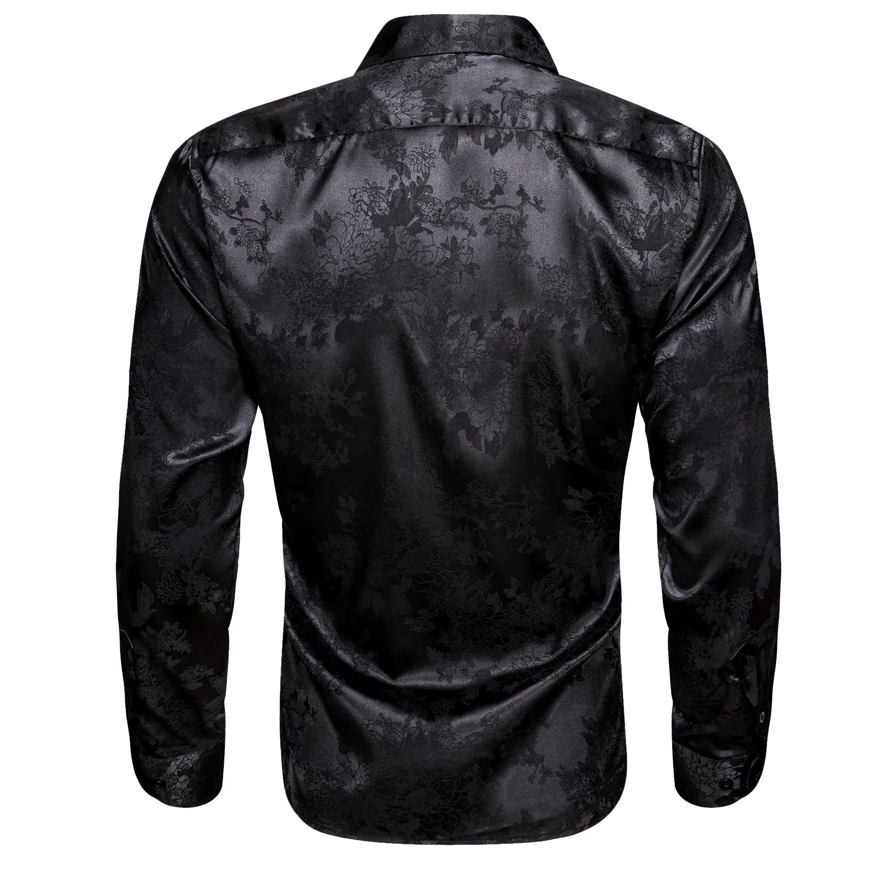 Black Floral Satin Silk Men's Long Sleeve Shirt