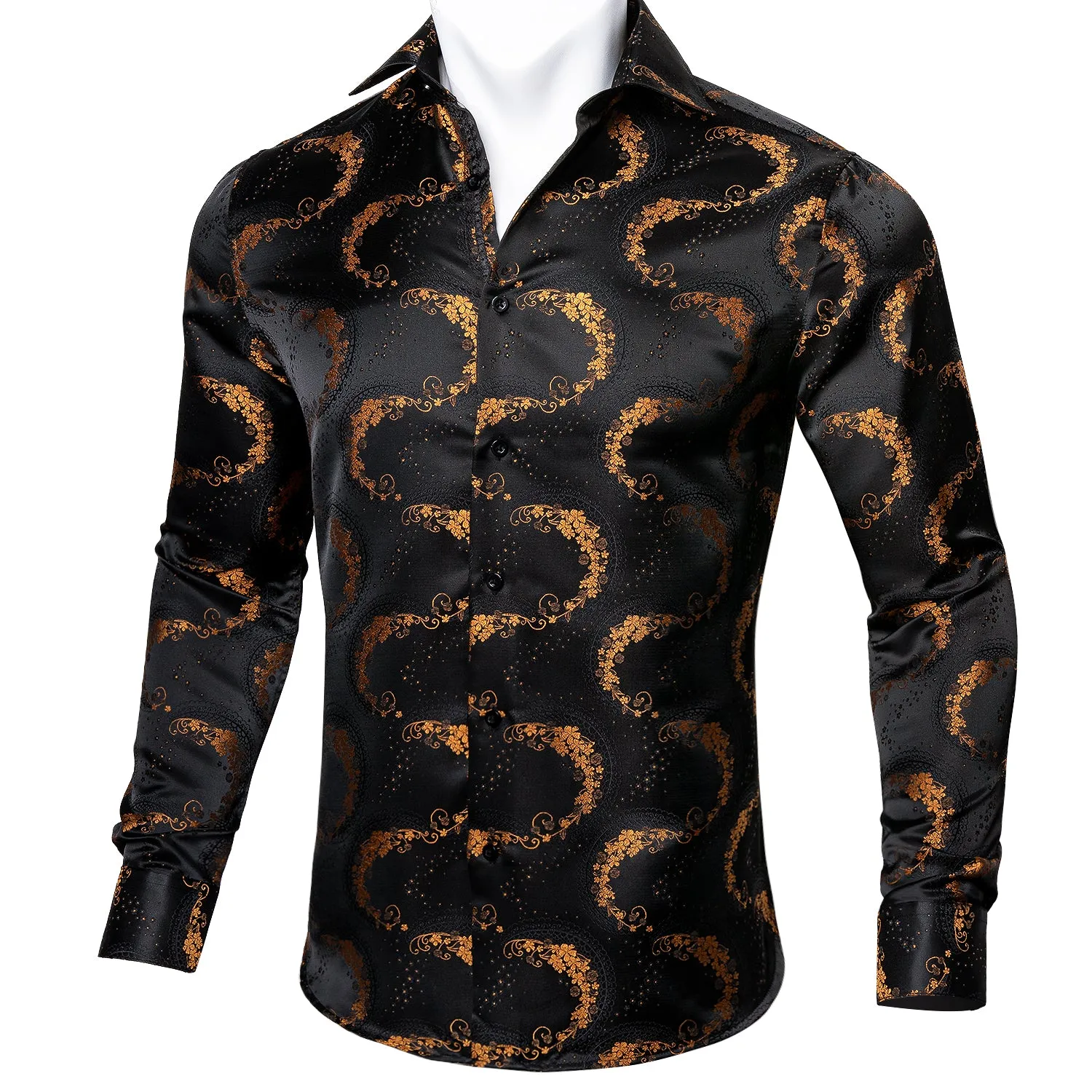 Black Golden Floral Silk Men's Shirt