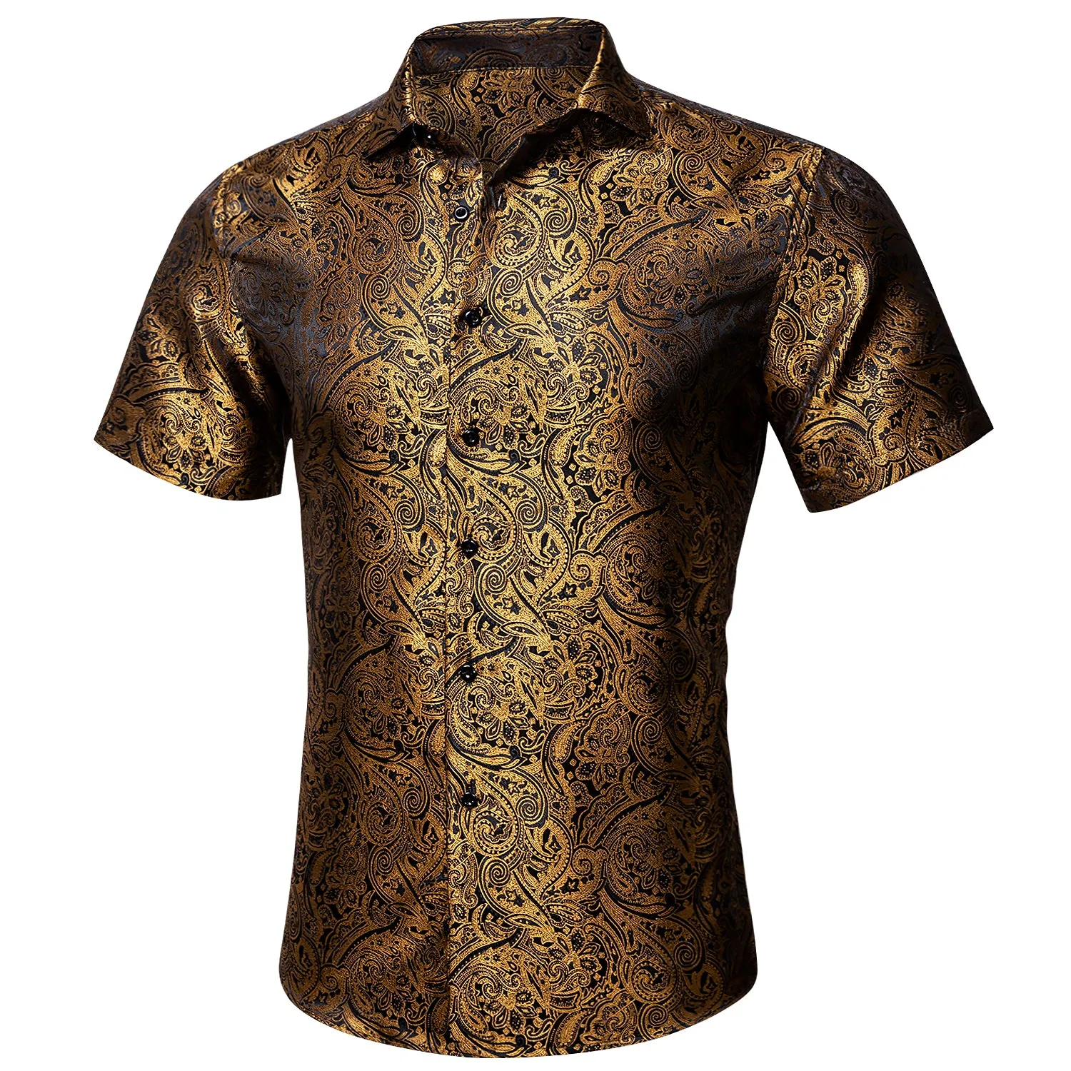 Black Golden Paisley Silk Men's Short Sleeve Shirt