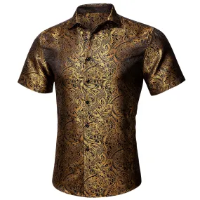 Black Golden Paisley Silk Men's Short Sleeve Shirt