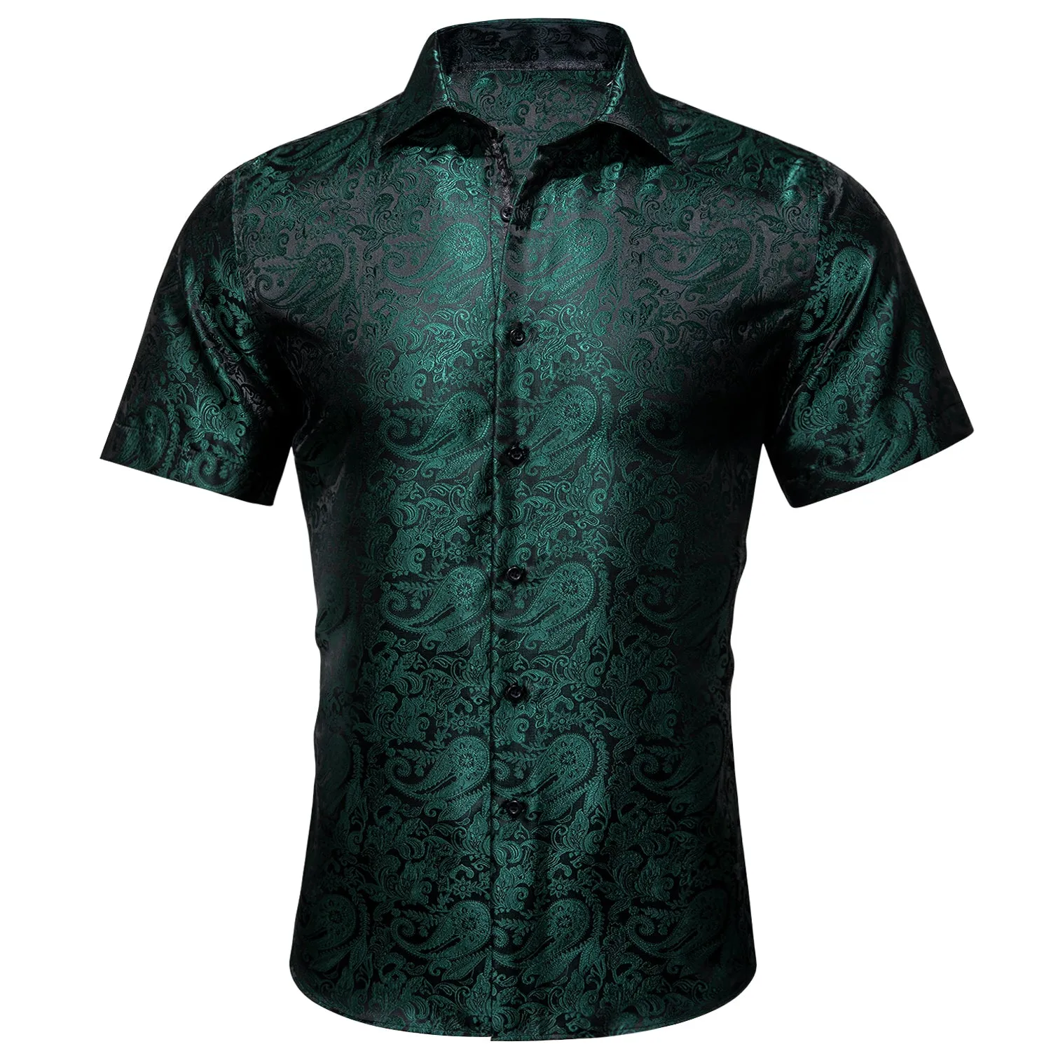 Black Green Paisley Silk Men's Short Sleeve Shirt