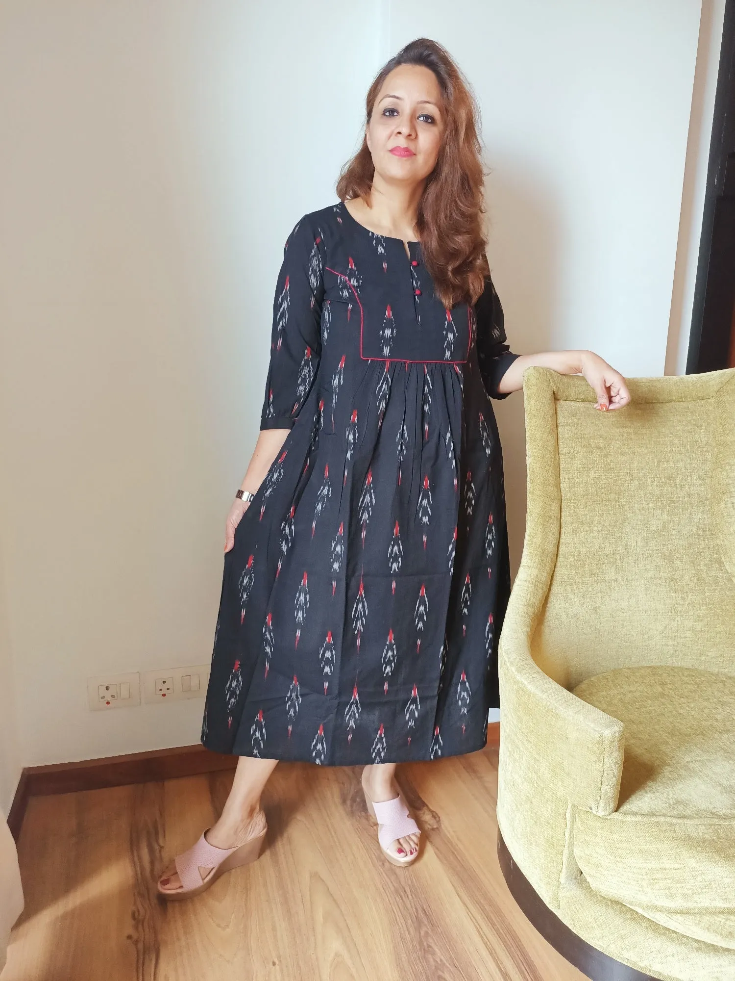 Black Ikat Cotton Yoke Dress