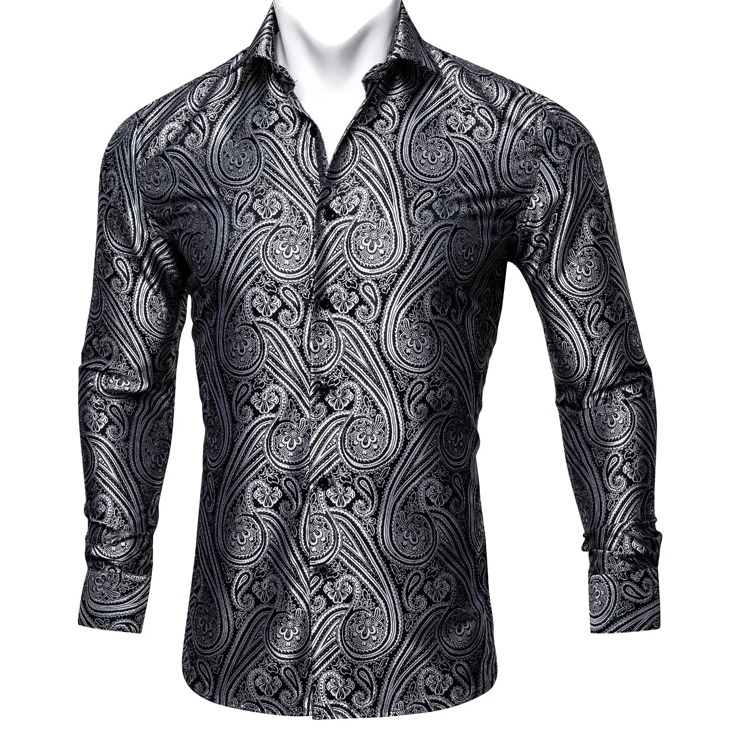 Black Paisley Silk Men's Long Sleeve Shirt