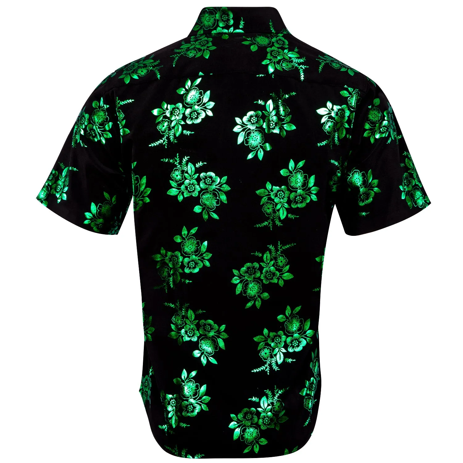 Black Shirt with Green Floral Silk Men's Short Sleeve Shirt