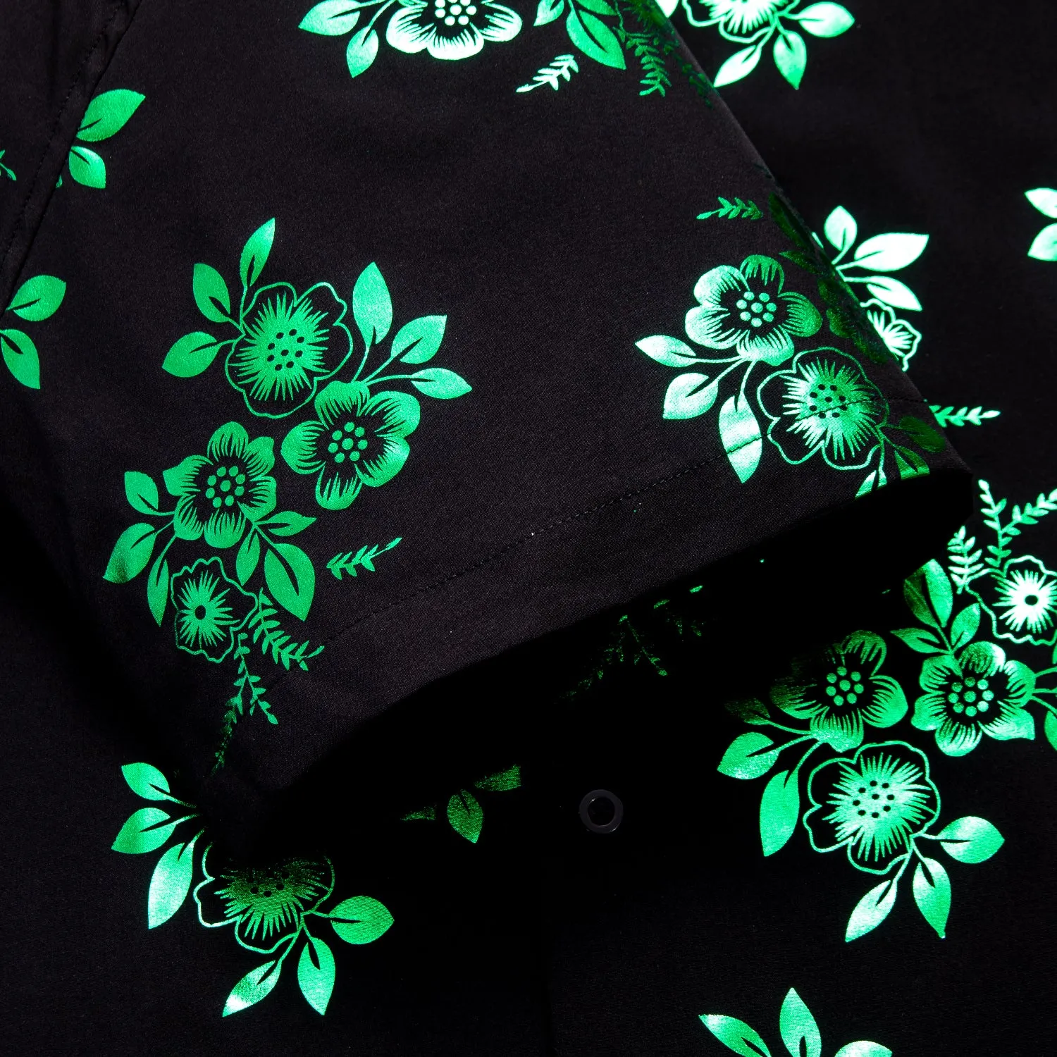 Black Shirt with Green Floral Silk Men's Short Sleeve Shirt