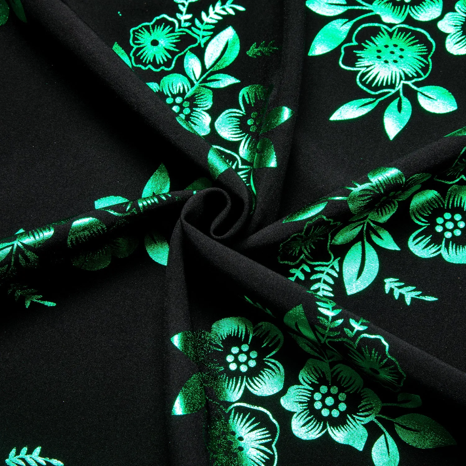 Black Shirt with Green Floral Silk Men's Short Sleeve Shirt