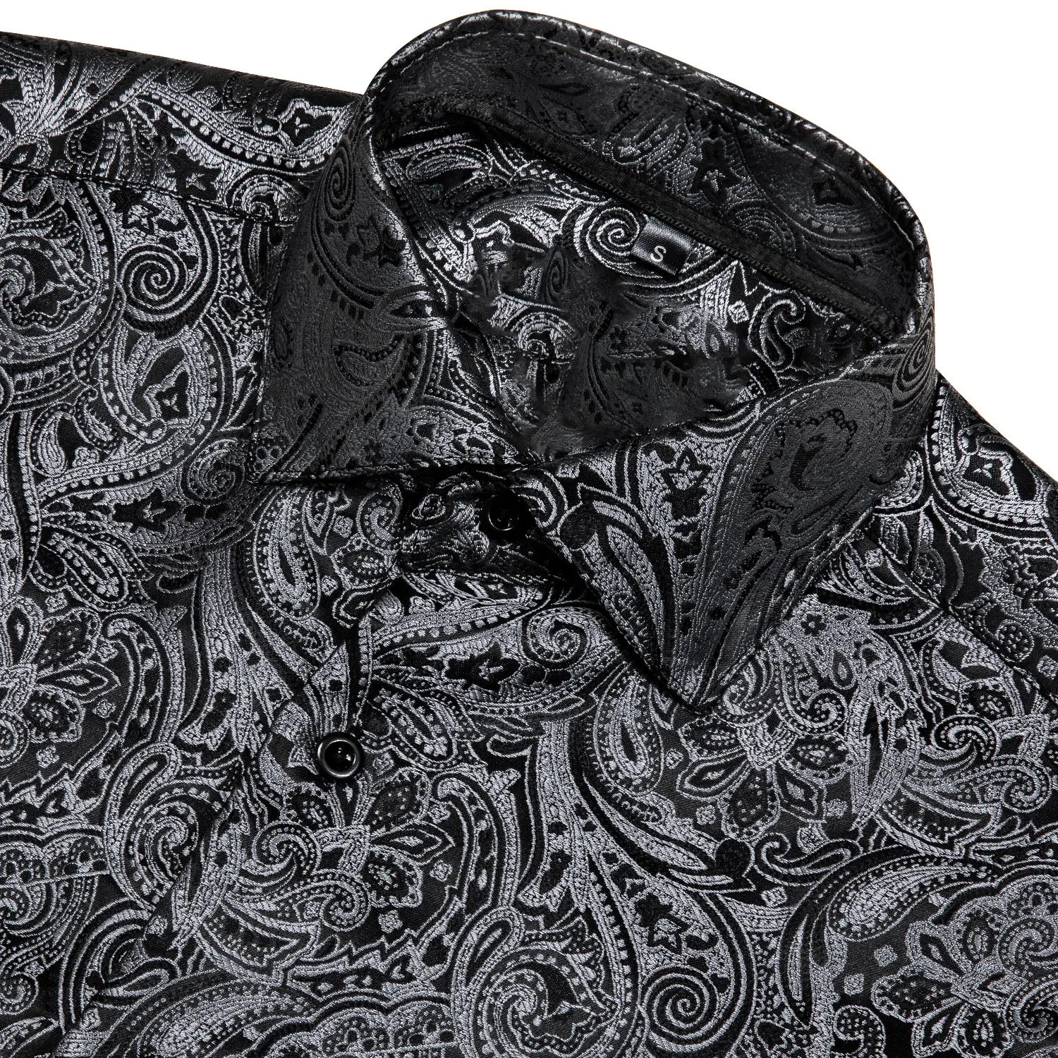 Black Silver Paisley Silk Men's Long Sleeve Shirt