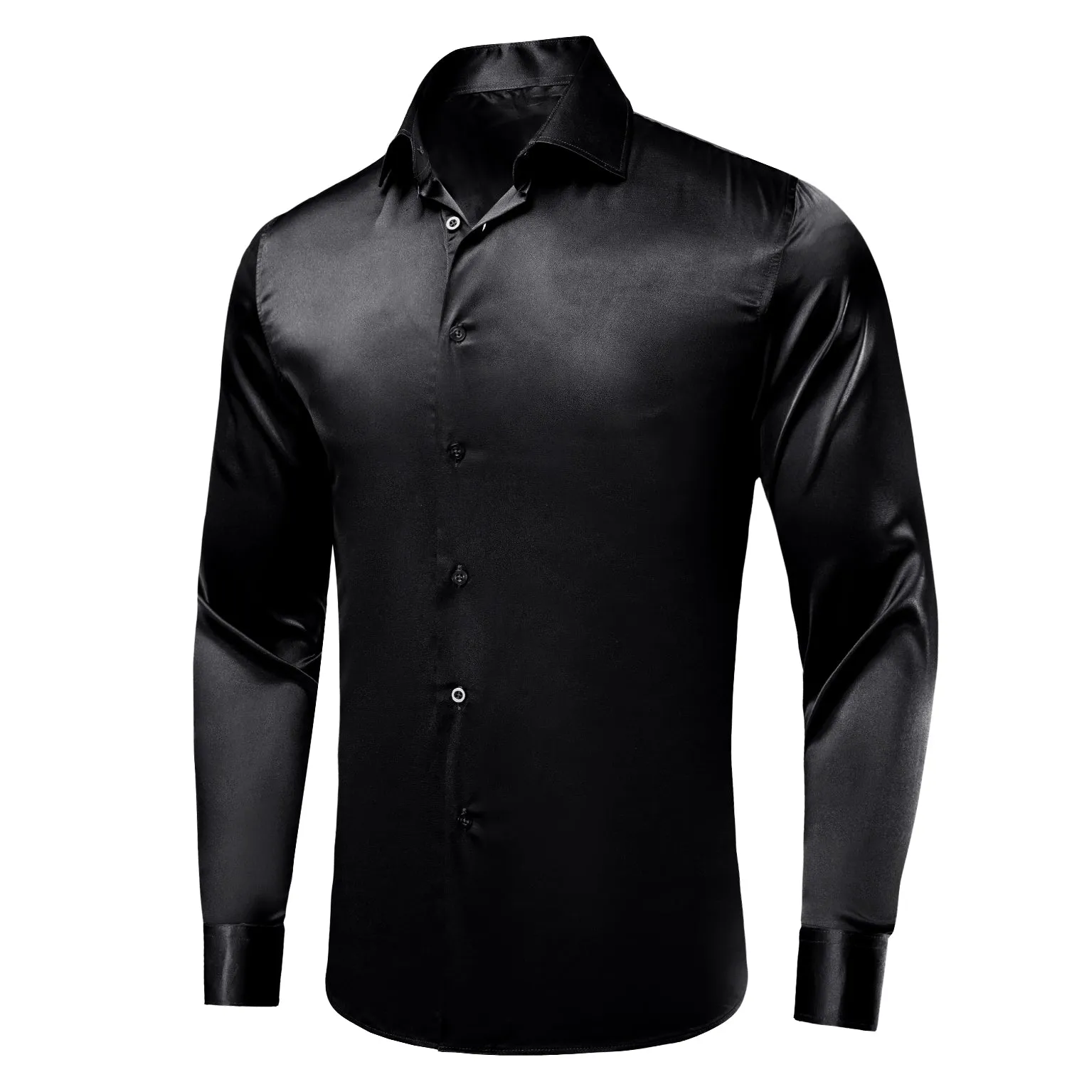 Black Solid Satin Men's Long Sleeve Shirt