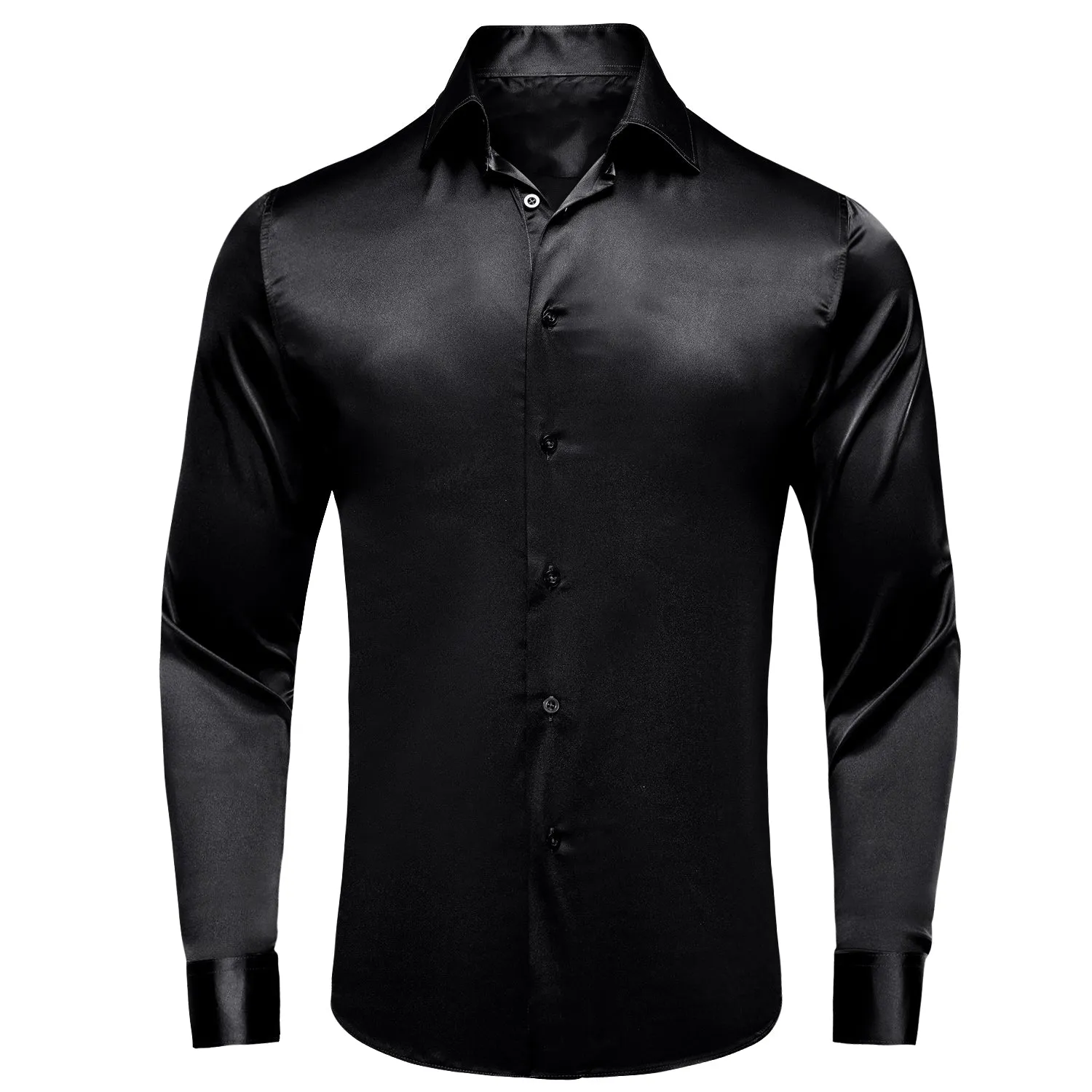 Black Solid Satin Men's Long Sleeve Shirt