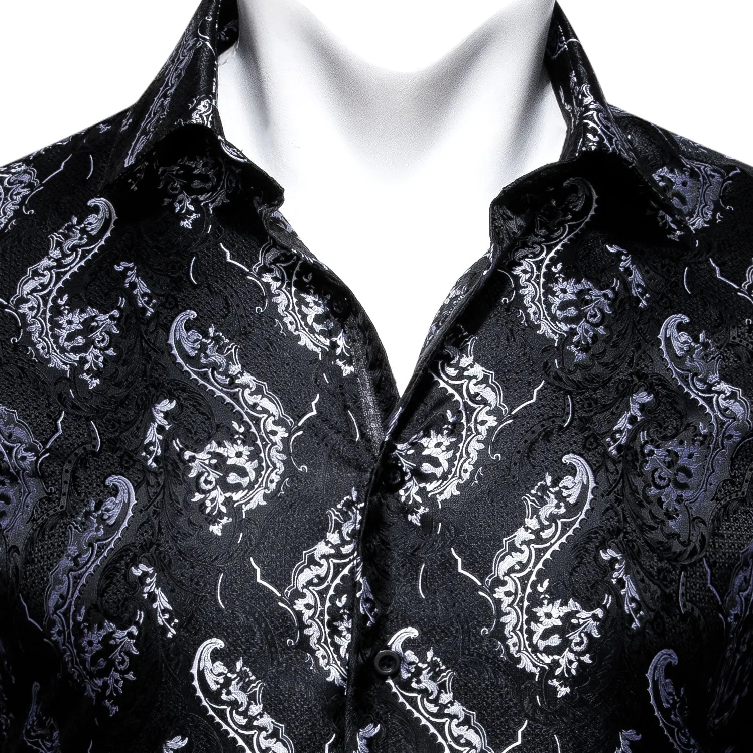 Black White Floral Style Silk Men's Long Sleeve Shirt